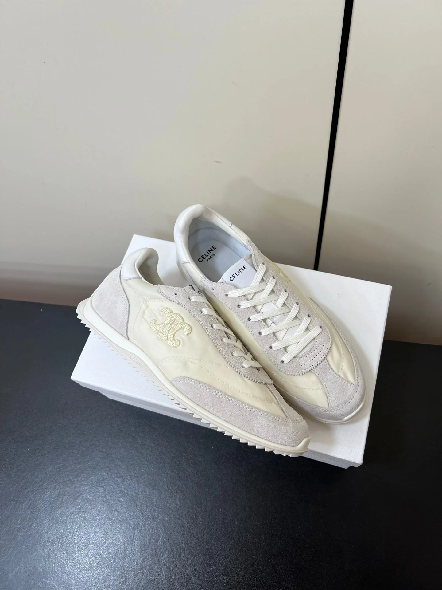 CELINE 25S RACER FORREST GUMP SNEAKERS IN IVORY AND GRAY MERCERIZED CALFSKIN