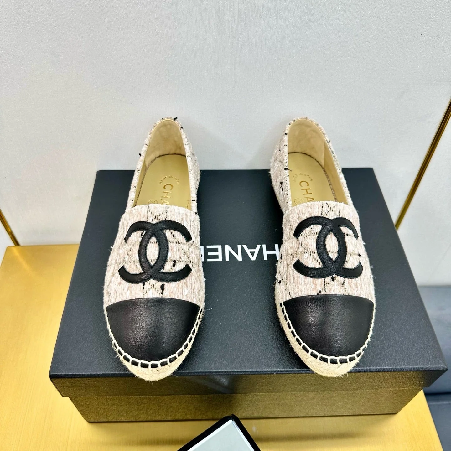 CC ESPADRILLES PLATFORM 25S IN LIGHT BEIGE TWEED MIX BLACK CALFSKIN WITH LINED PATTERN