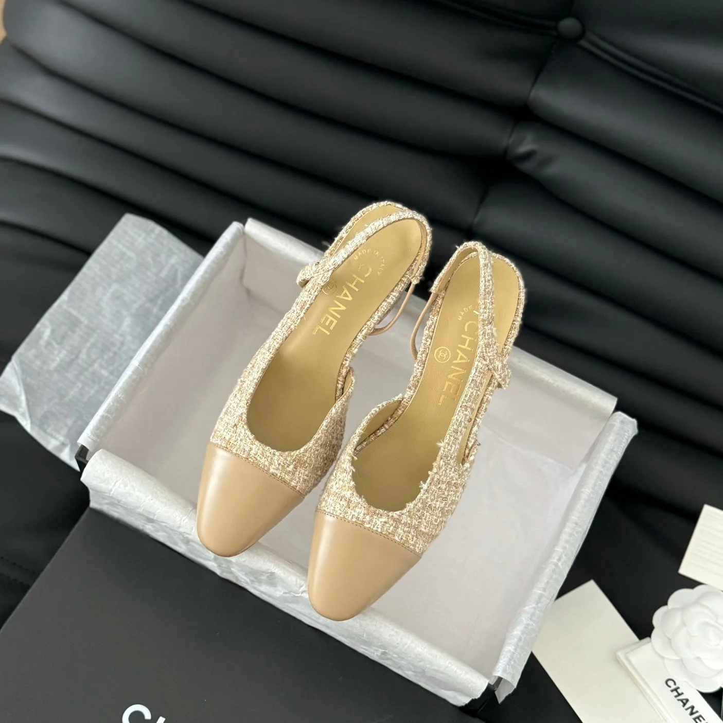 CLASSIC HIGH SLINGBACK CORN YELLOW TWEEDS AND CALFSKIN