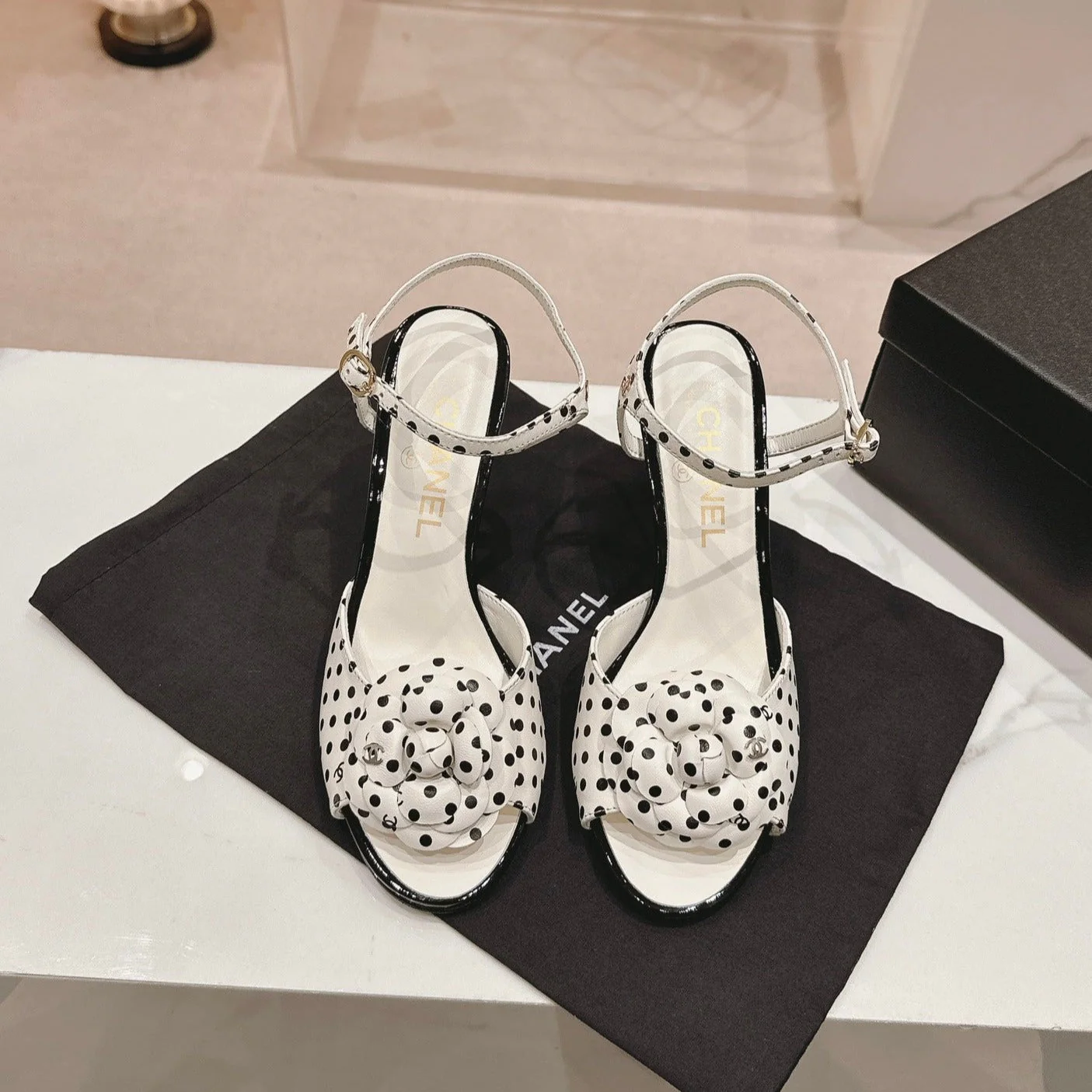 Double C New Camellia High Heel Sandals White/ Black Caro