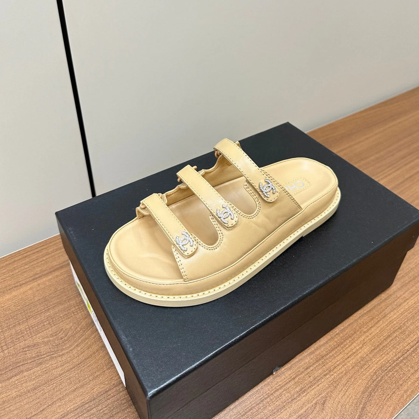 dad sandals cream 3 rows lambskin mules