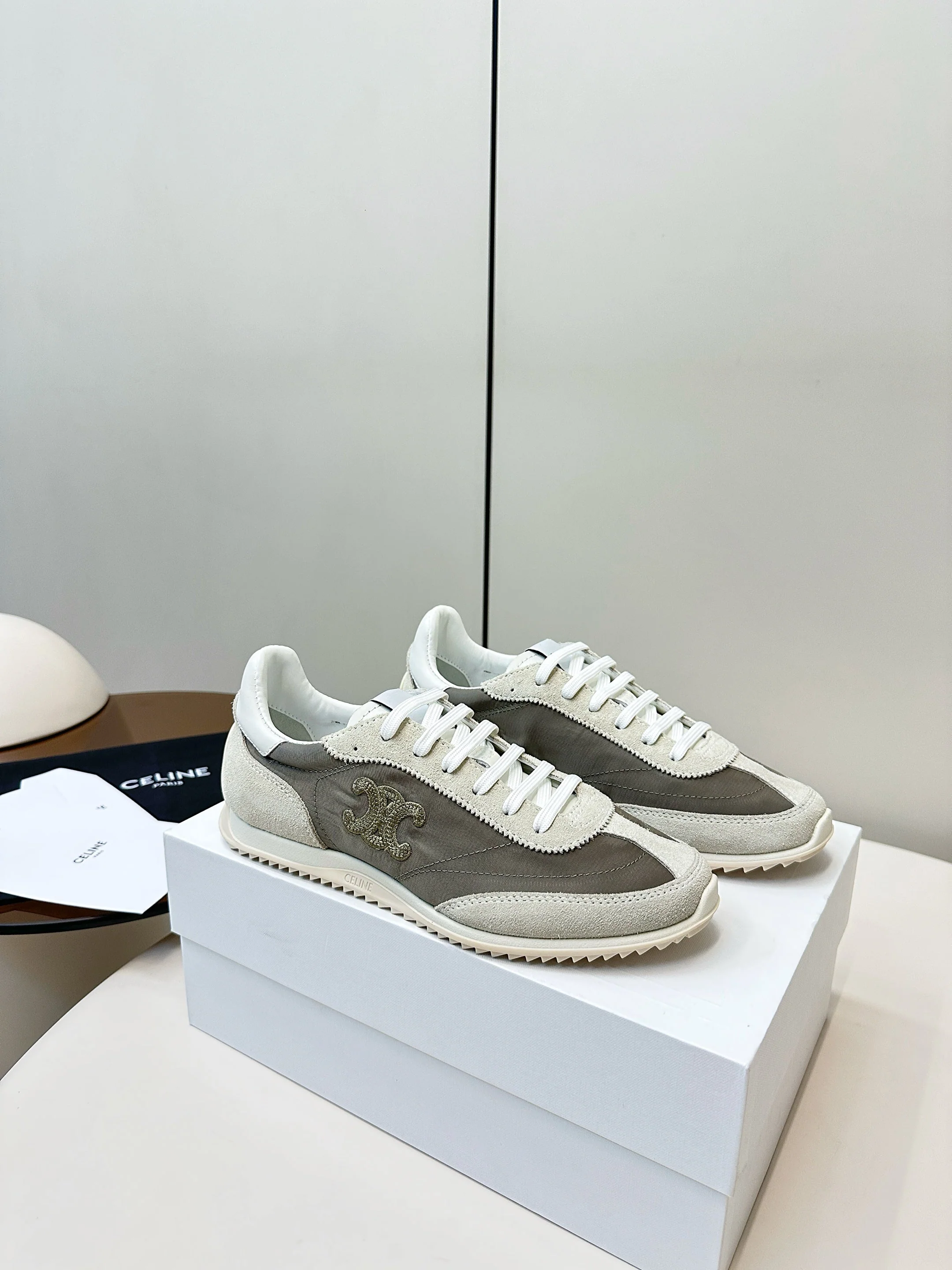 CELINE 25S RACER LOW TOP SNEAKER IN CREAM AND TAUPE GRAY NYLON AND SUEDE