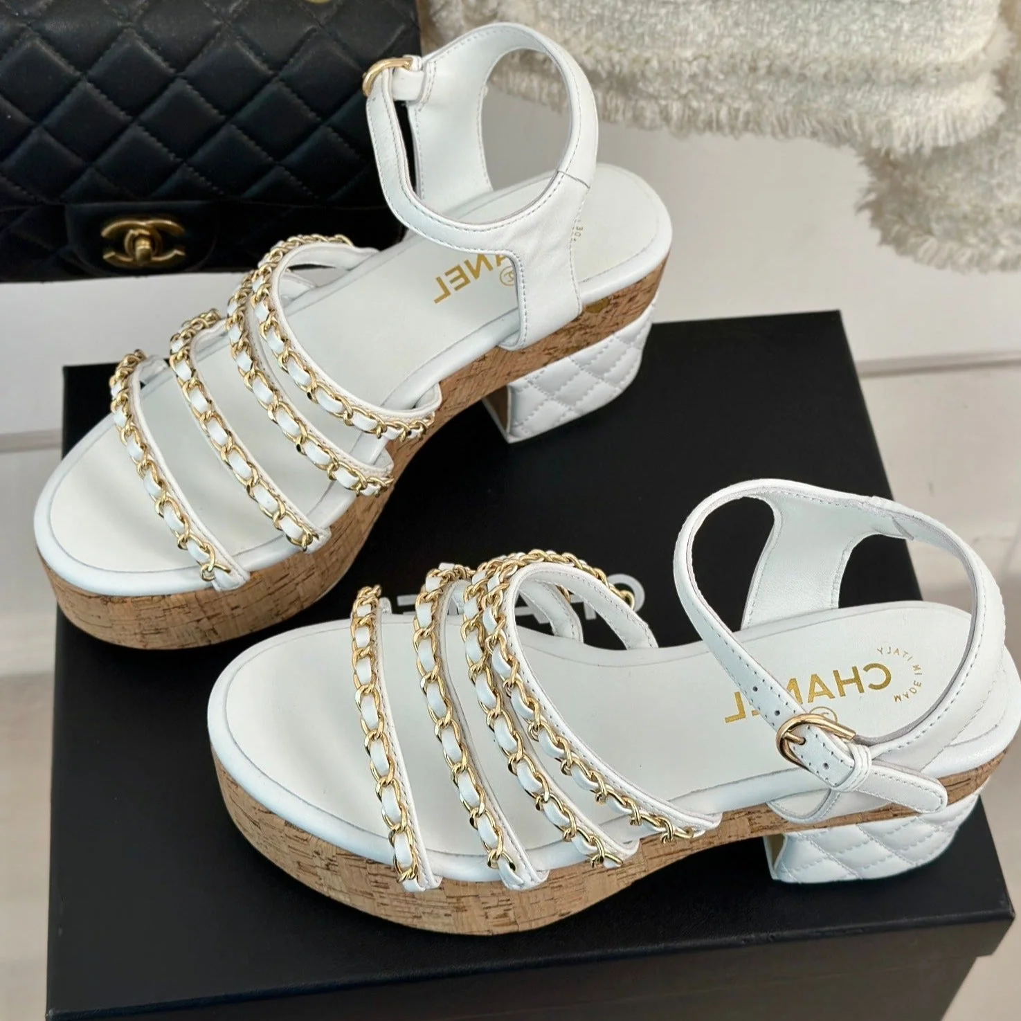 Double C Wooden Chain Platform Block Heel Sandals White