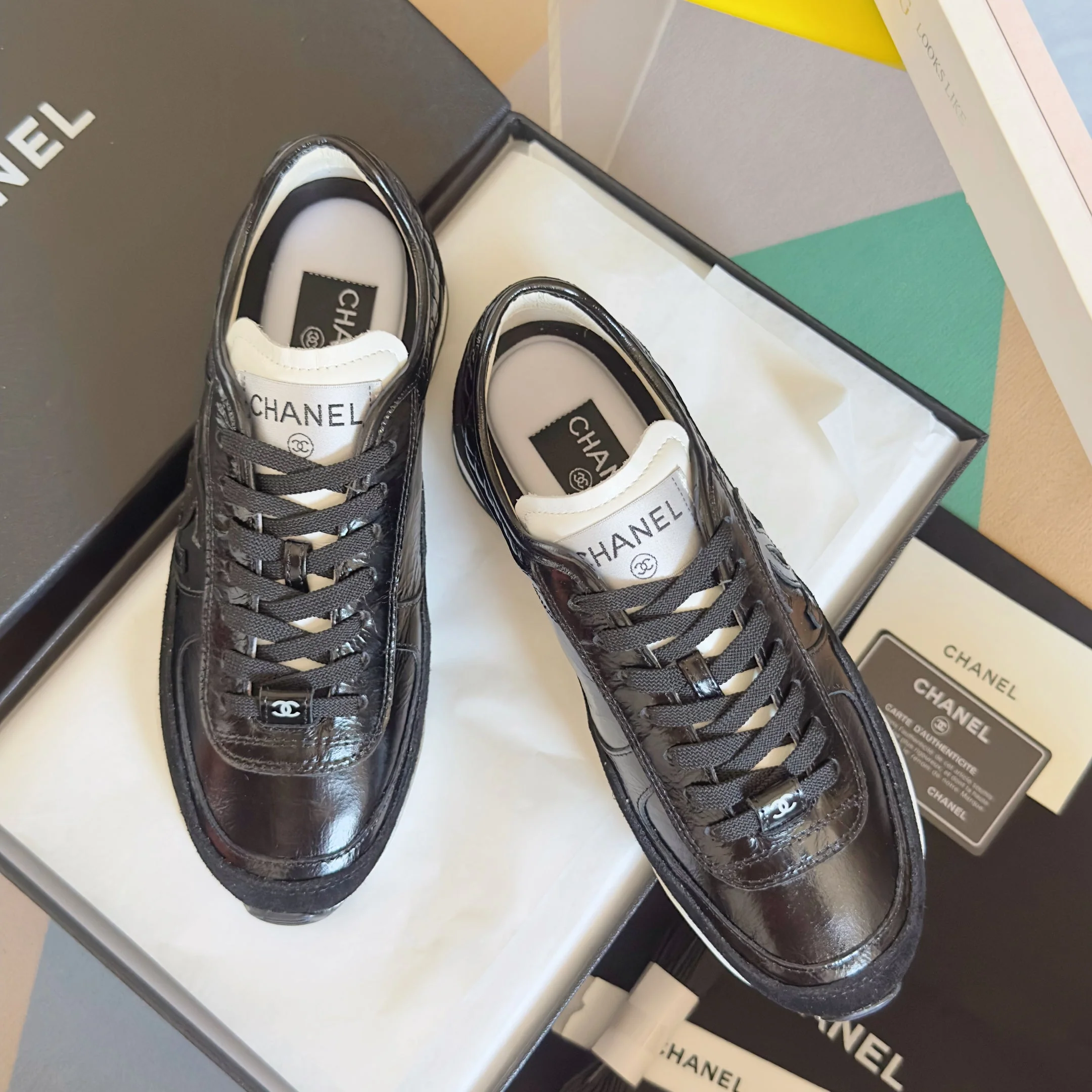 CHANEL 25S SNEAKERS 20MM IN BLACK GLOSSY CALFSKIN