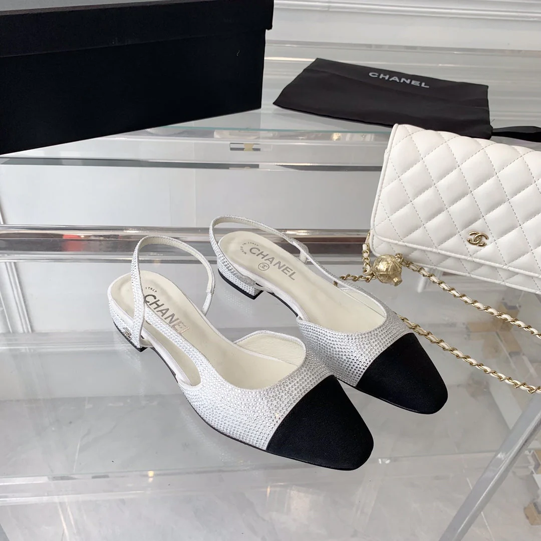 Double CC Rhinestone Slingback Sheepskin White Black