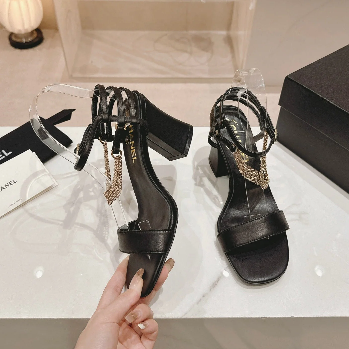 Double C Leather High Heel Sandals Black