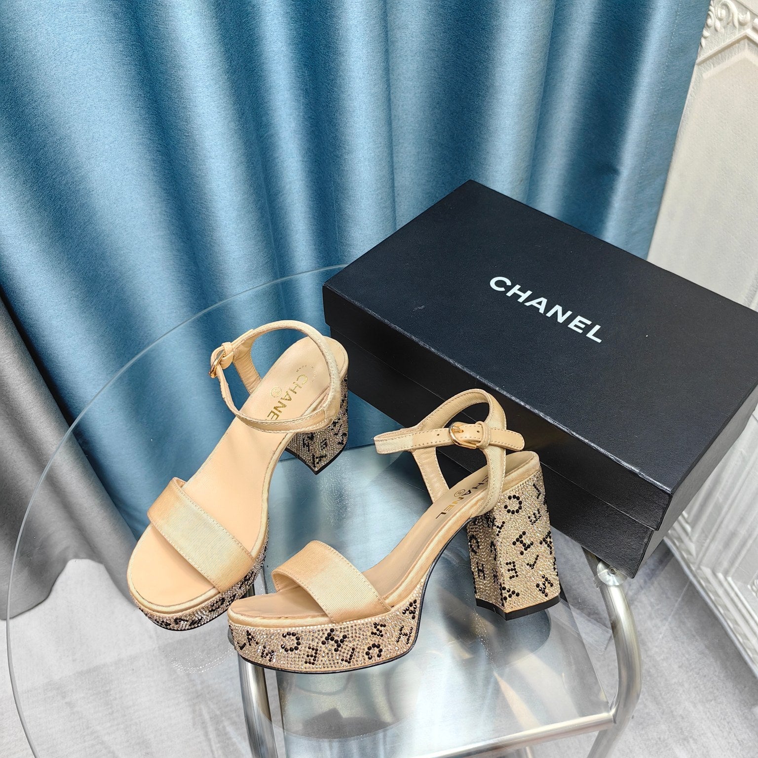 Chunky Heel Rhinestone High Sandals Beige Cream Lambskin