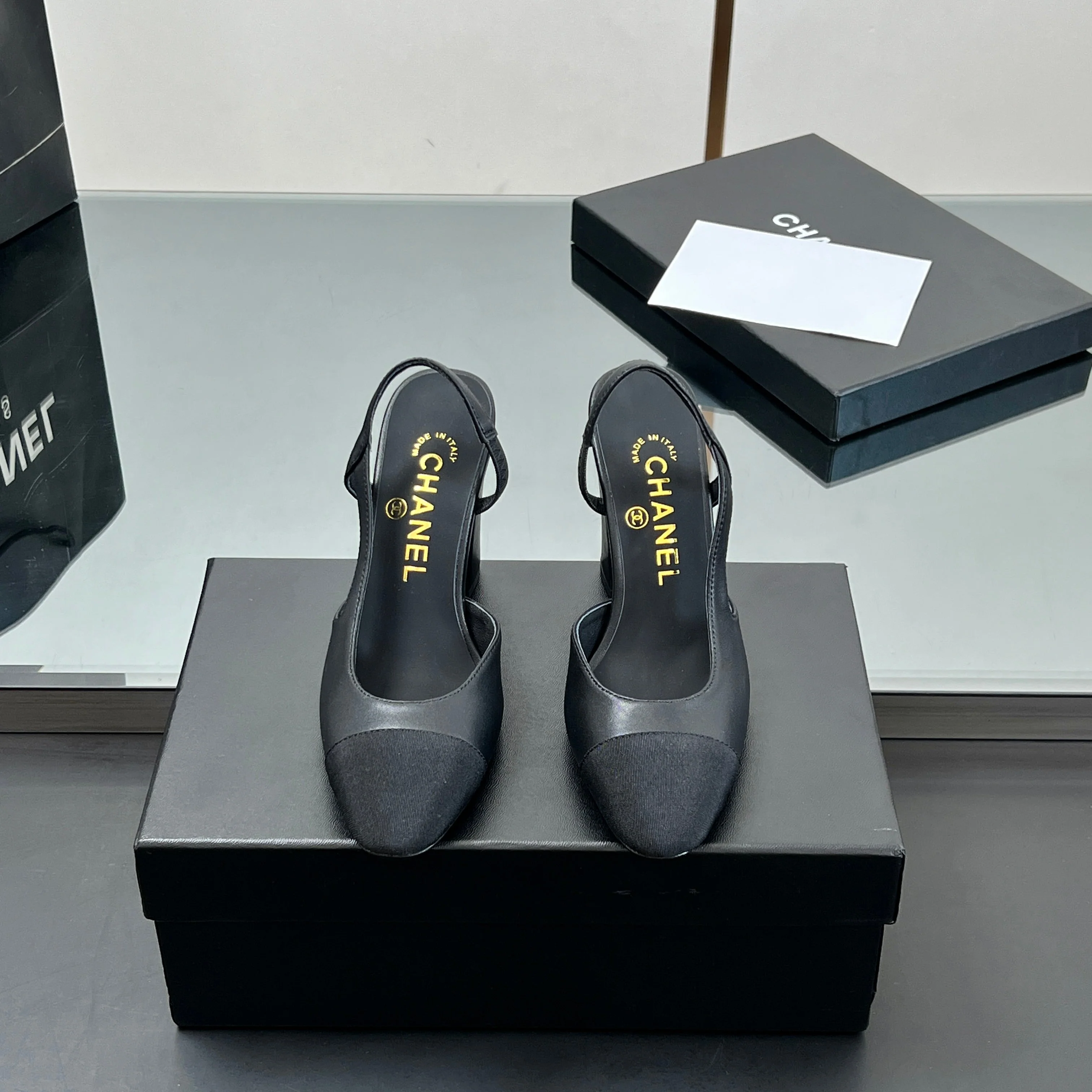 CC HIGH SLINGBACK 25S 90 MM IN BLACK FABRIC MIX LAMBSKIN