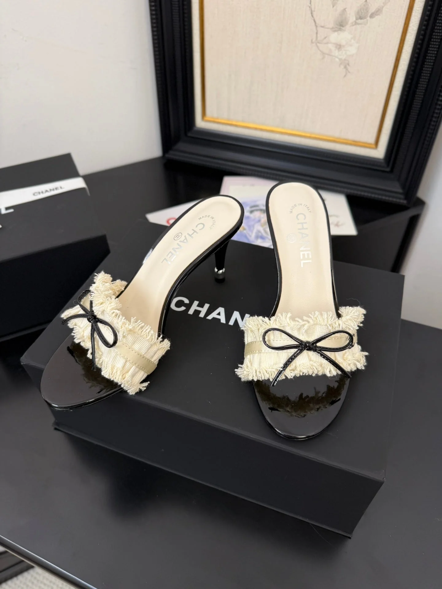 WHITE GROSGRAIN CANVAS BOW MULE SANDALS 90 MM
