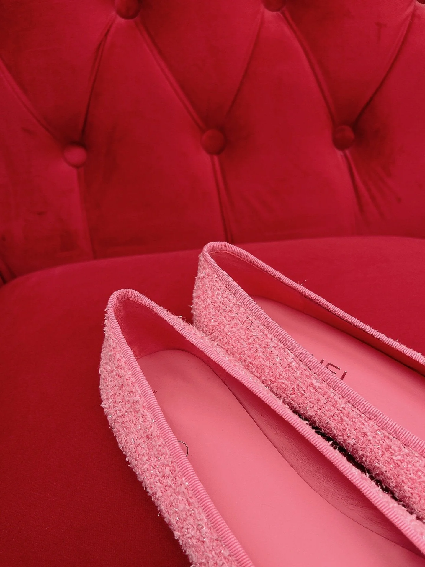 ballet flat pink black tweed grosgrain