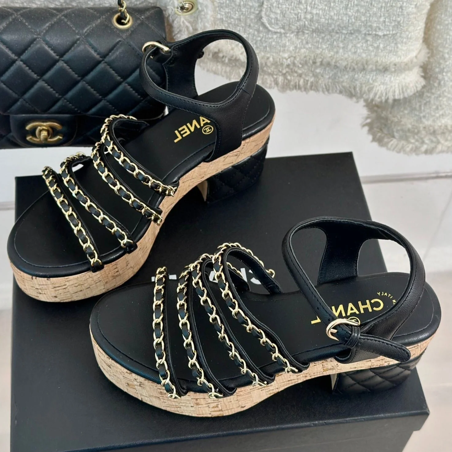 Double C Wooden Chain Platform Block Heel Sandals Black