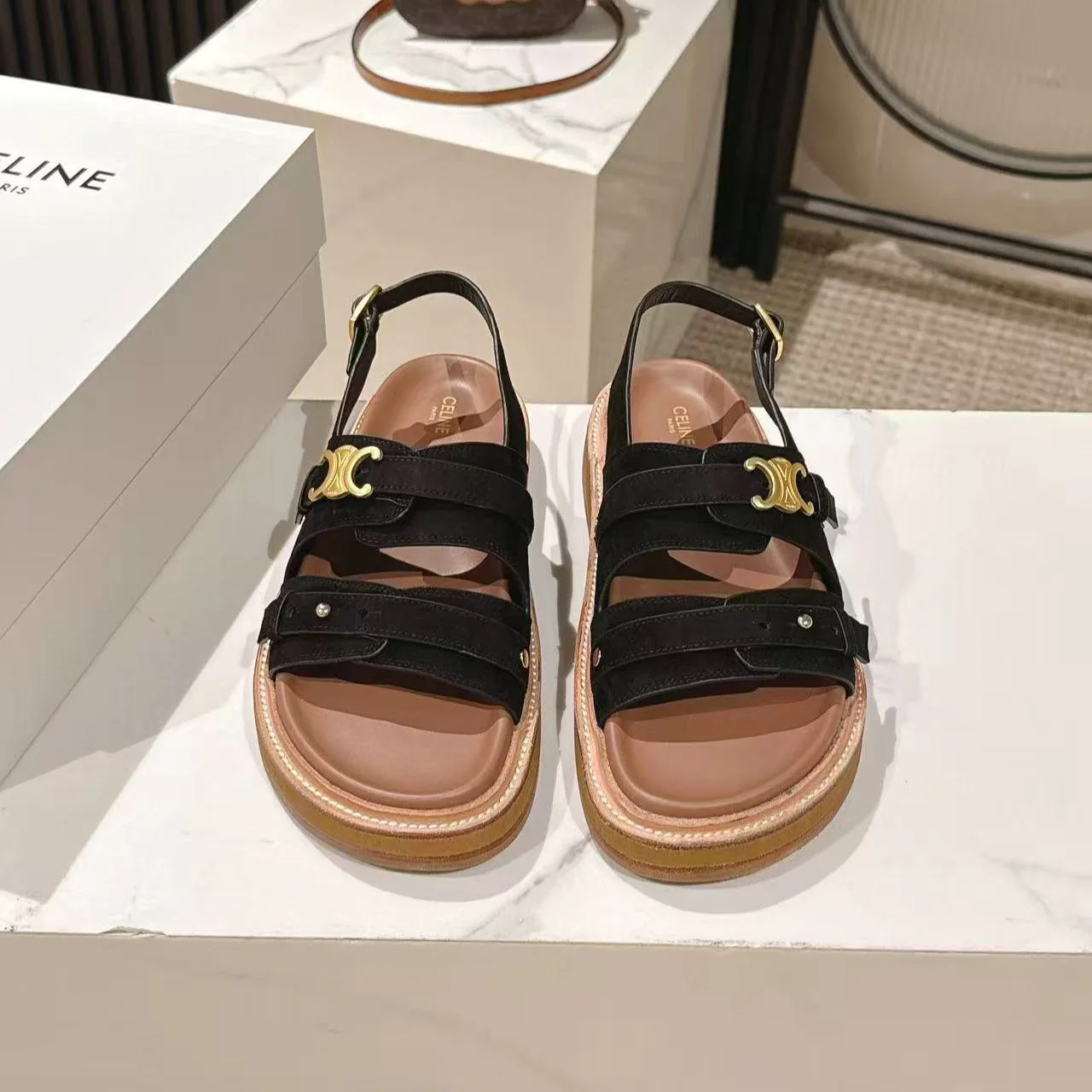 CELINE 25S TIPPI TRIOMPHE SANDAL IN BLACK CALFSKIN SUEDE