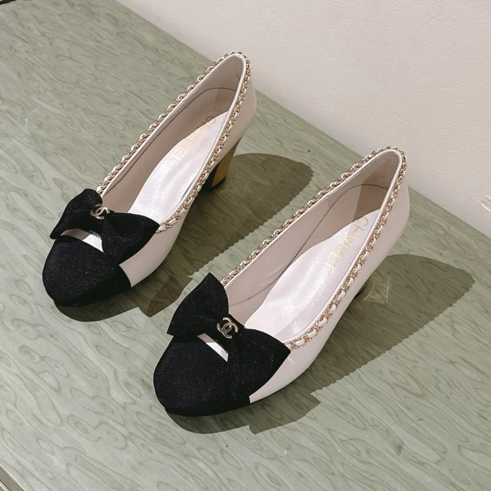 CC HIGH HEELS WHITE CALFSKIN AND FABRIC