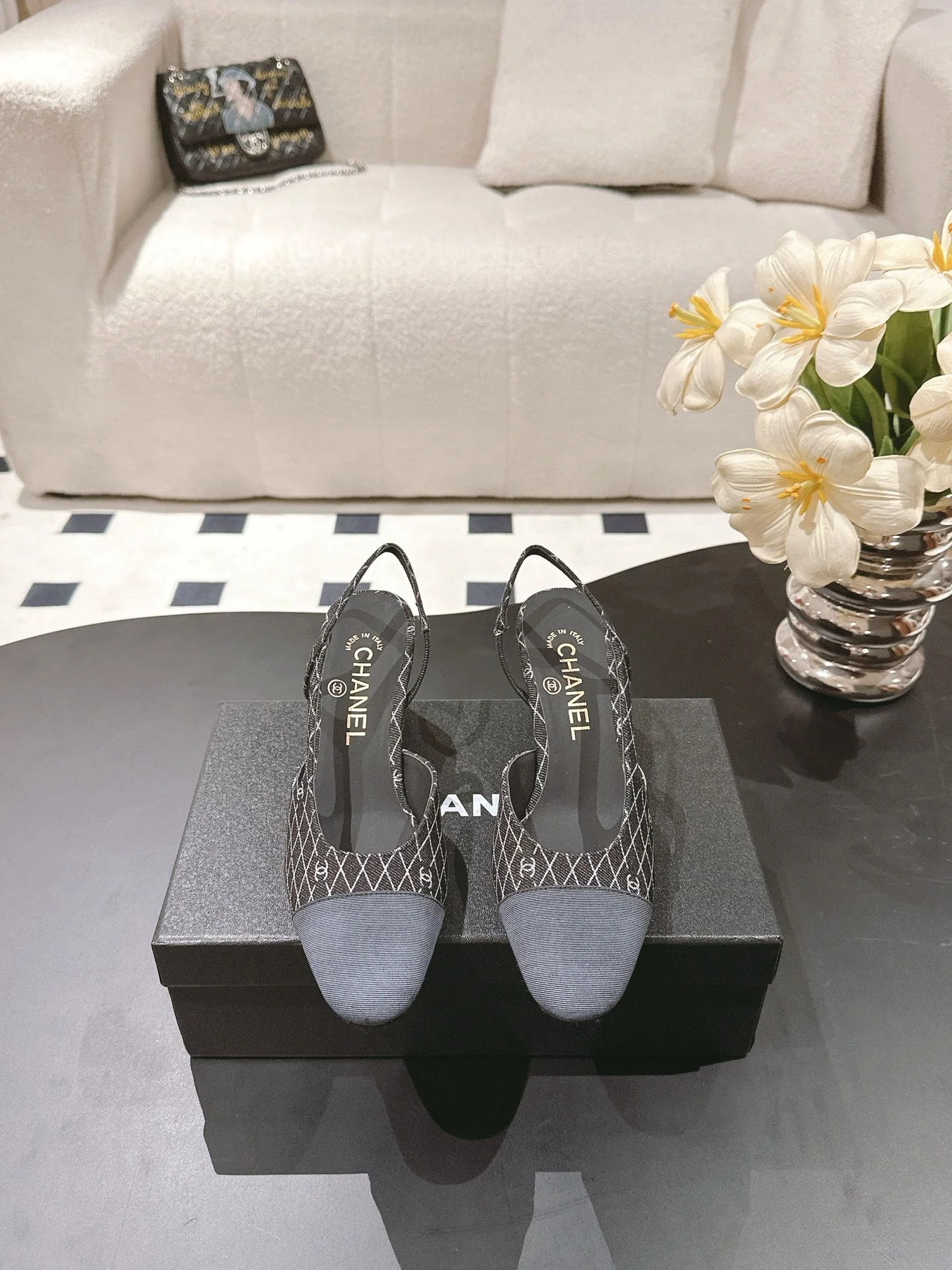 CC SLINGBACK 25S 65 MM IN BLACK DENIM WITH PLAID PATTERN