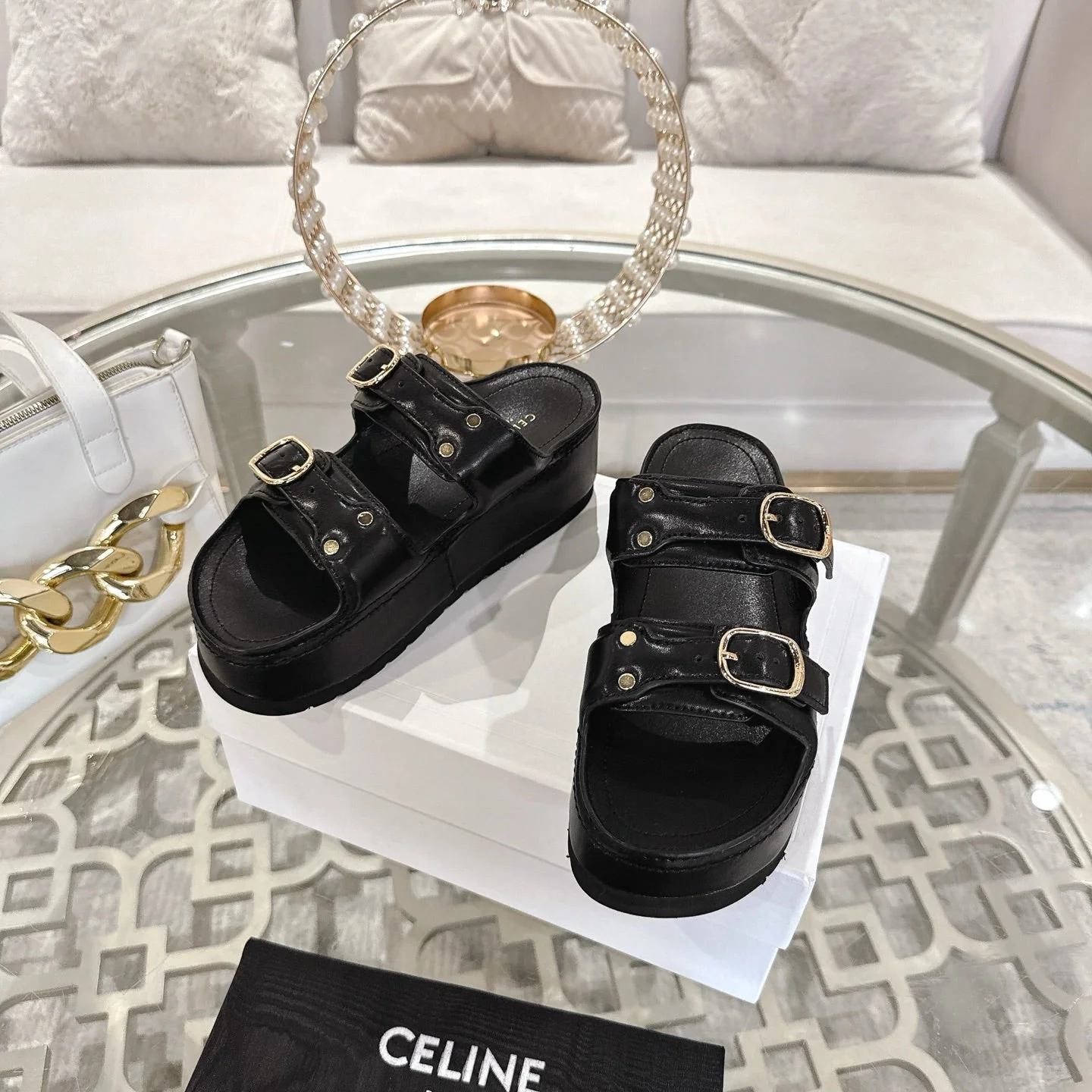 POLLY WEDGE MULE IN BLACK SHINY CALFSKIN