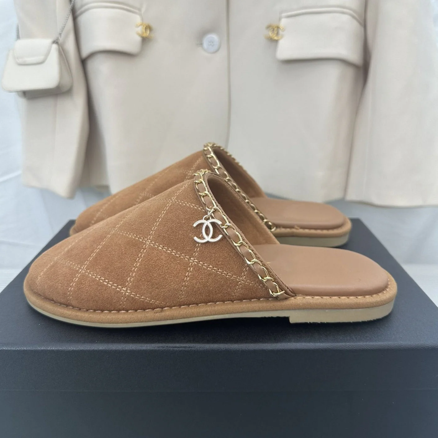 CC Brown Suede Gold Chain Mules