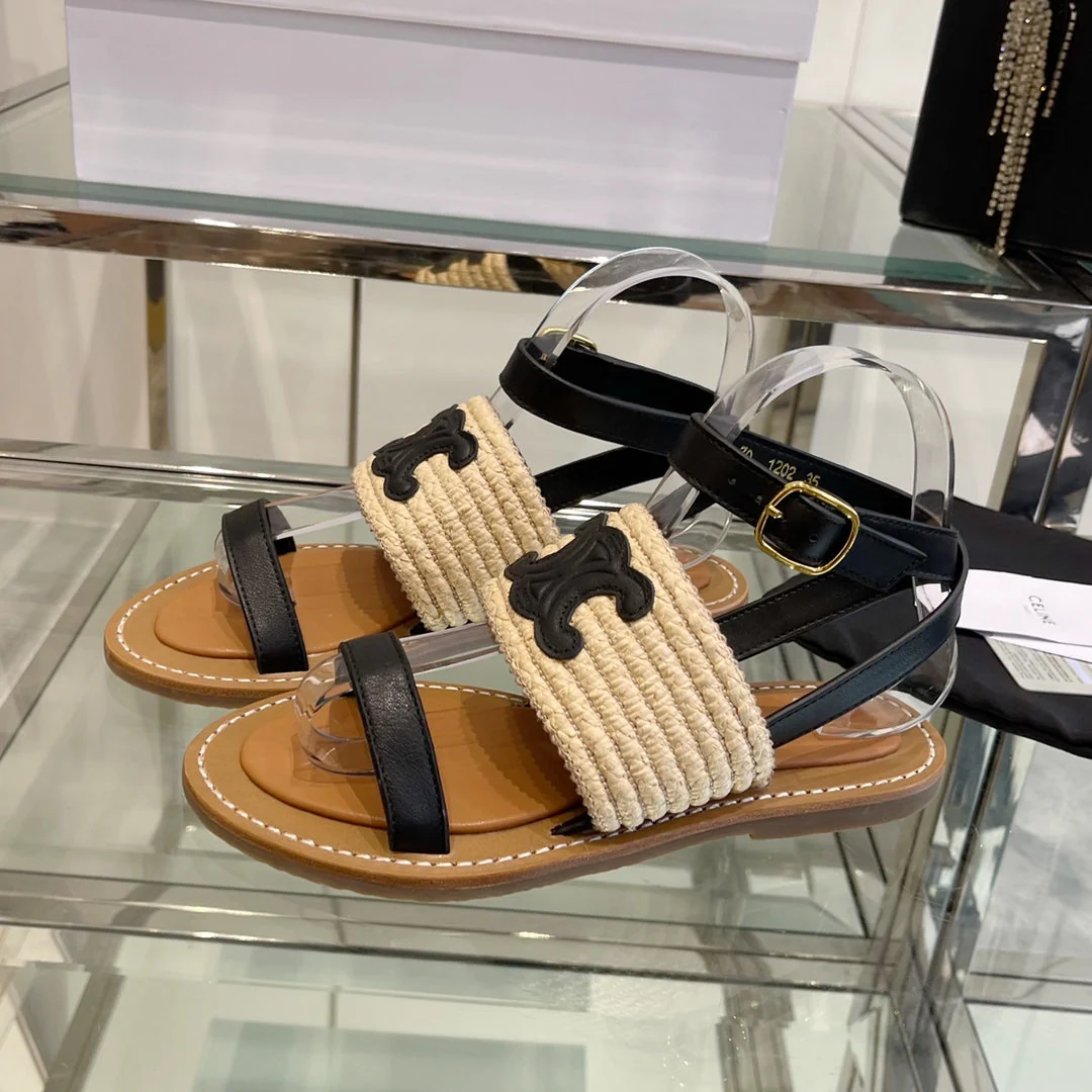 LYMPIAR FLAT STRAP SANDAL IN RAFFIA CALFSKIN BLACK BEIGE
