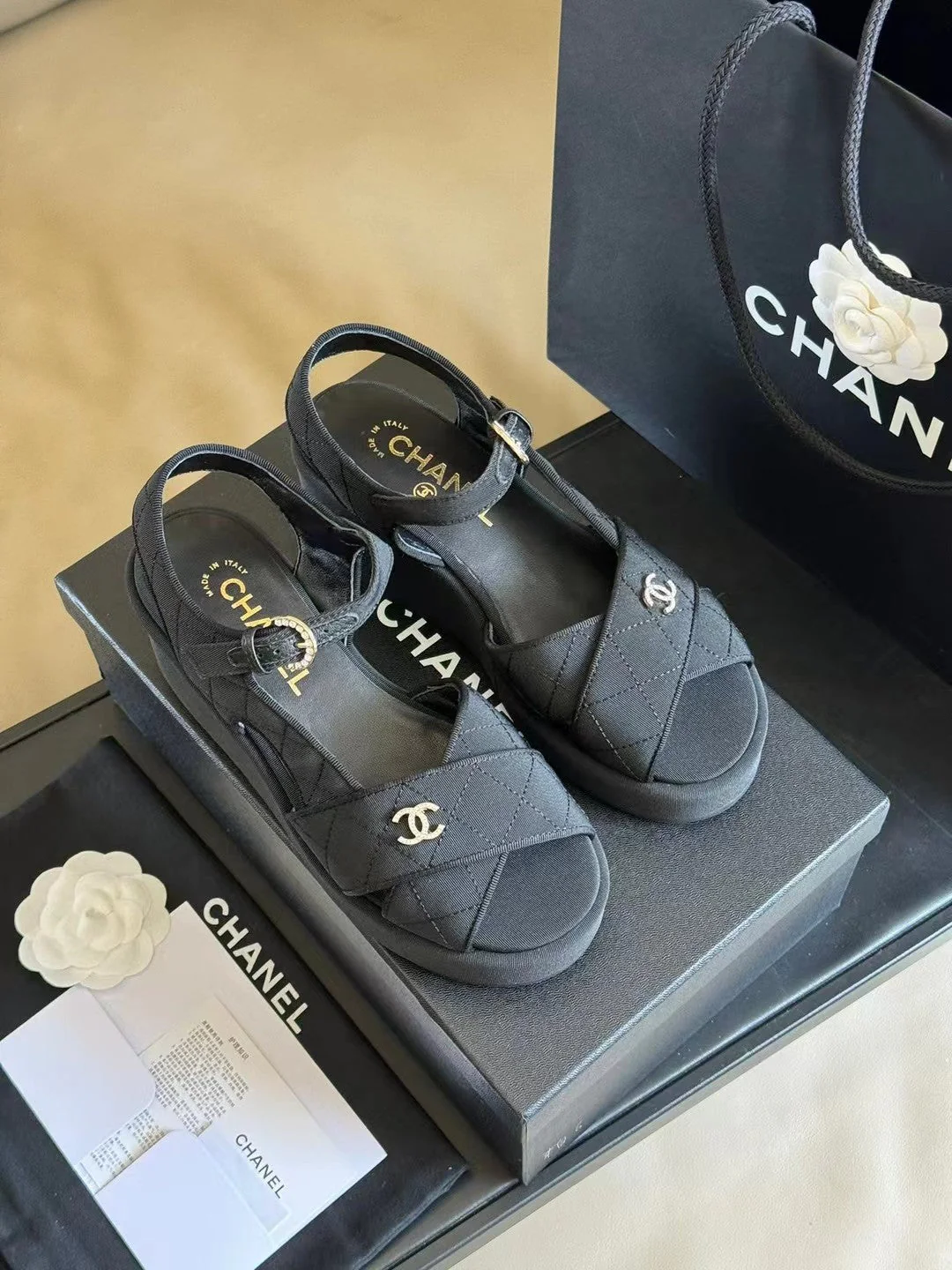CC CLASSIC WEDGE SANDALS IN BLACK FABRIC