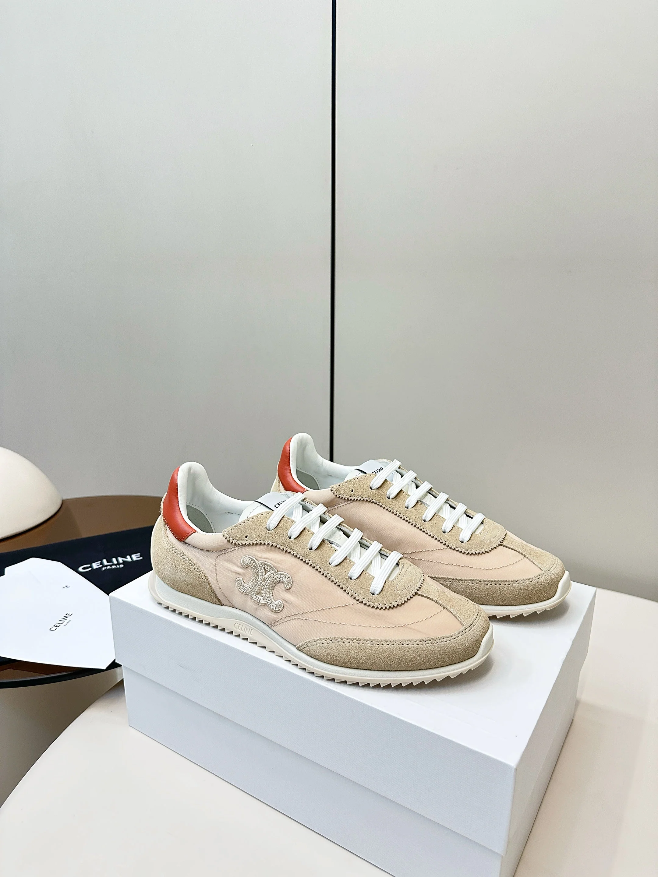 CELINE 25S RACER LOW TOP SNEAKER IN BEIGE AND LIGHT GRAY NYLON AND SUEDE