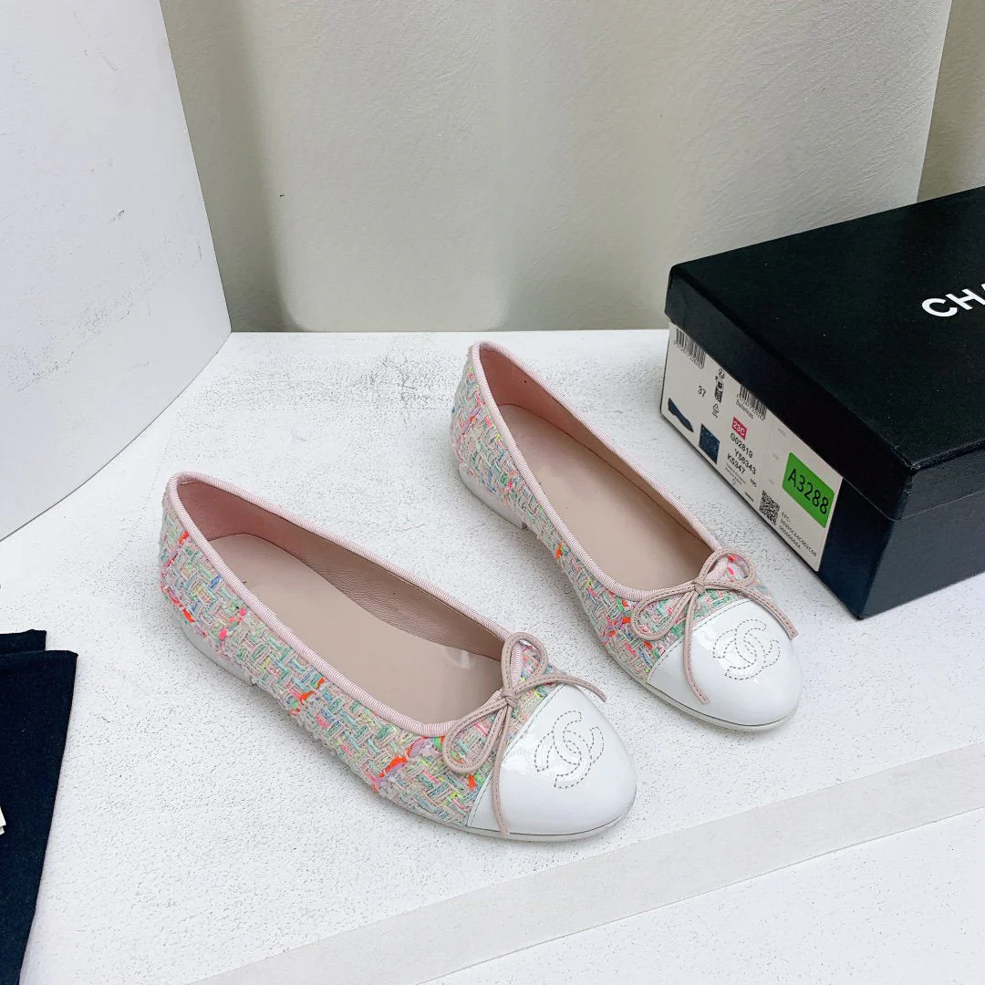 ballet flat pink red white tweed grosgrain