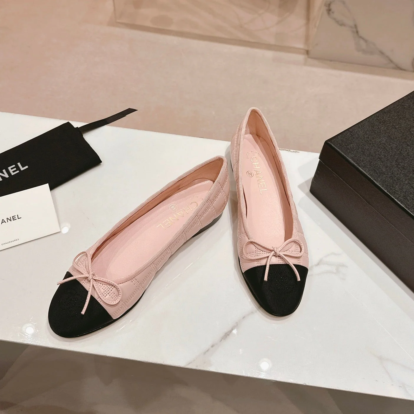 Double C New Ballet Flats Light Pink Black Lambskin