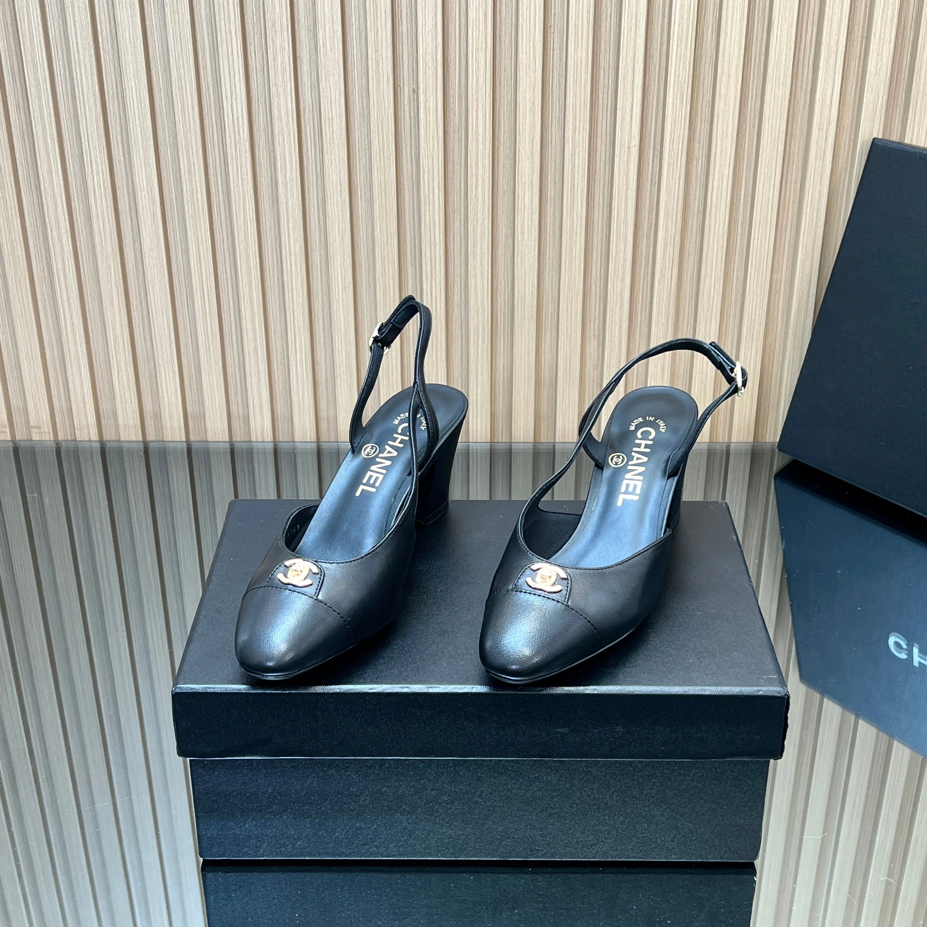 CHANEL 25S SLINGBACK SHOE LOGO 65MM IN BLACK CALFSKIN GOLD HARDWRE