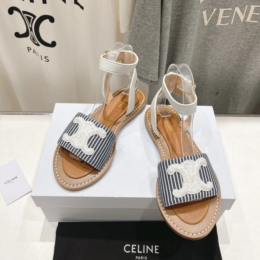 LYMPIA SANDAL IN TRIOMPHE MACCRAMÉ COTTON & CALFSKIN OFF WHITE / NAVY