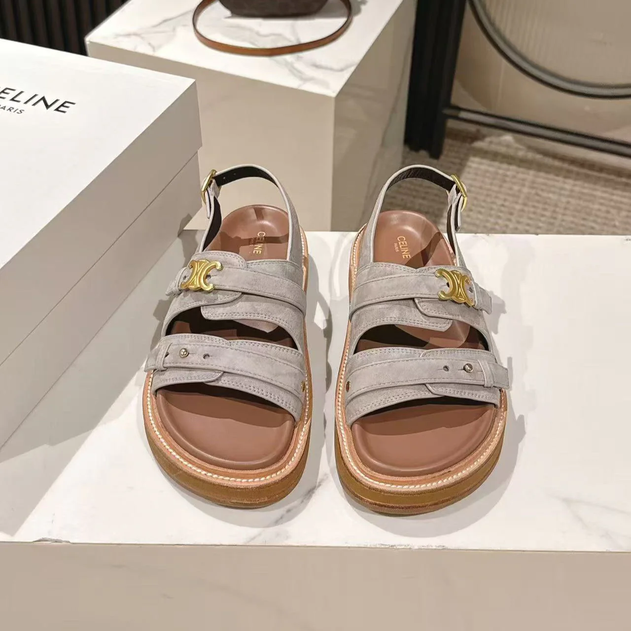 CELINE 25S TIPPI TRIOMPHE SANDAL IN LIGHT GRAY CALFSKIN SUEDE