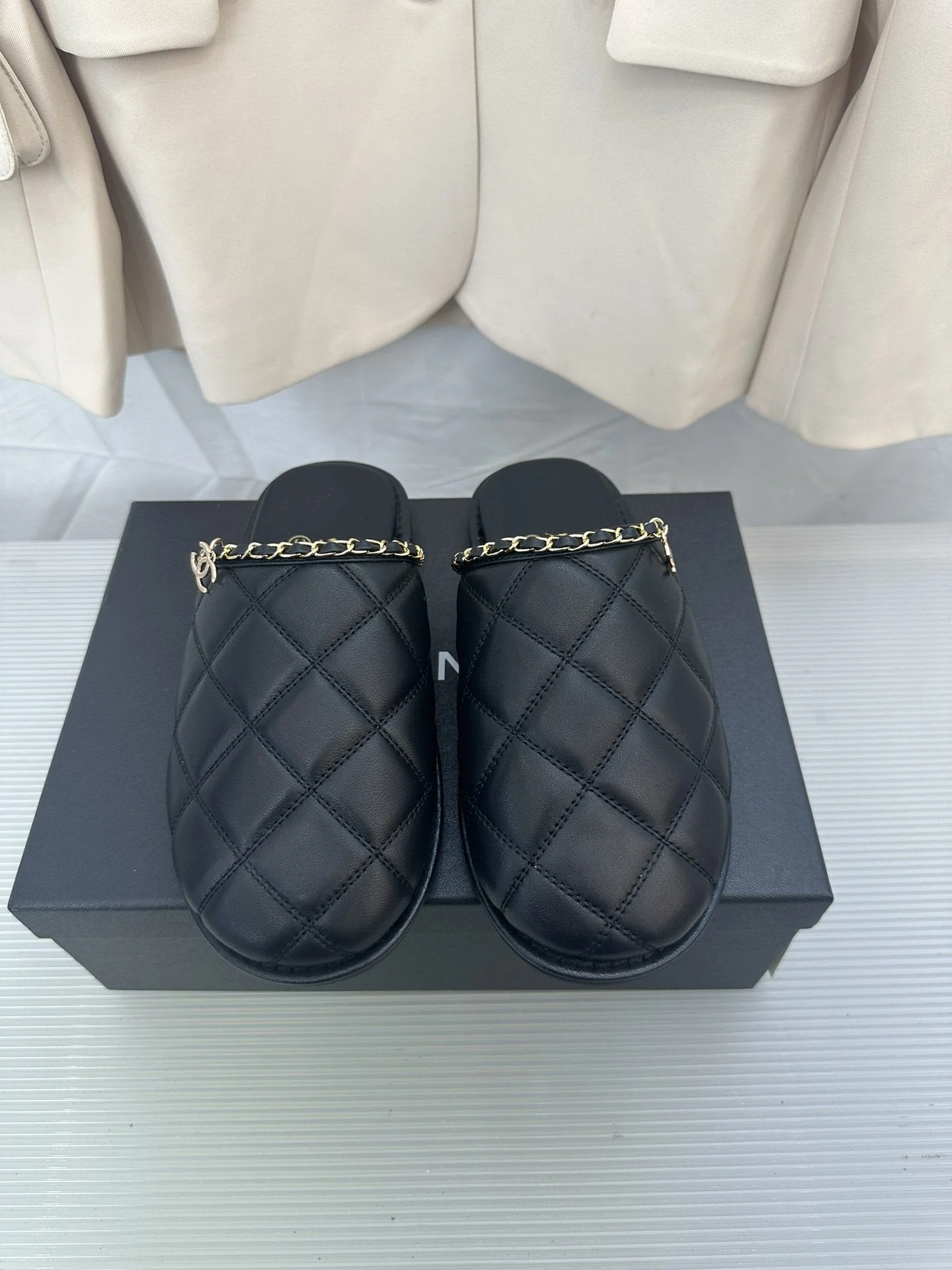 CC Black Lambskin Gold Chain Mules
