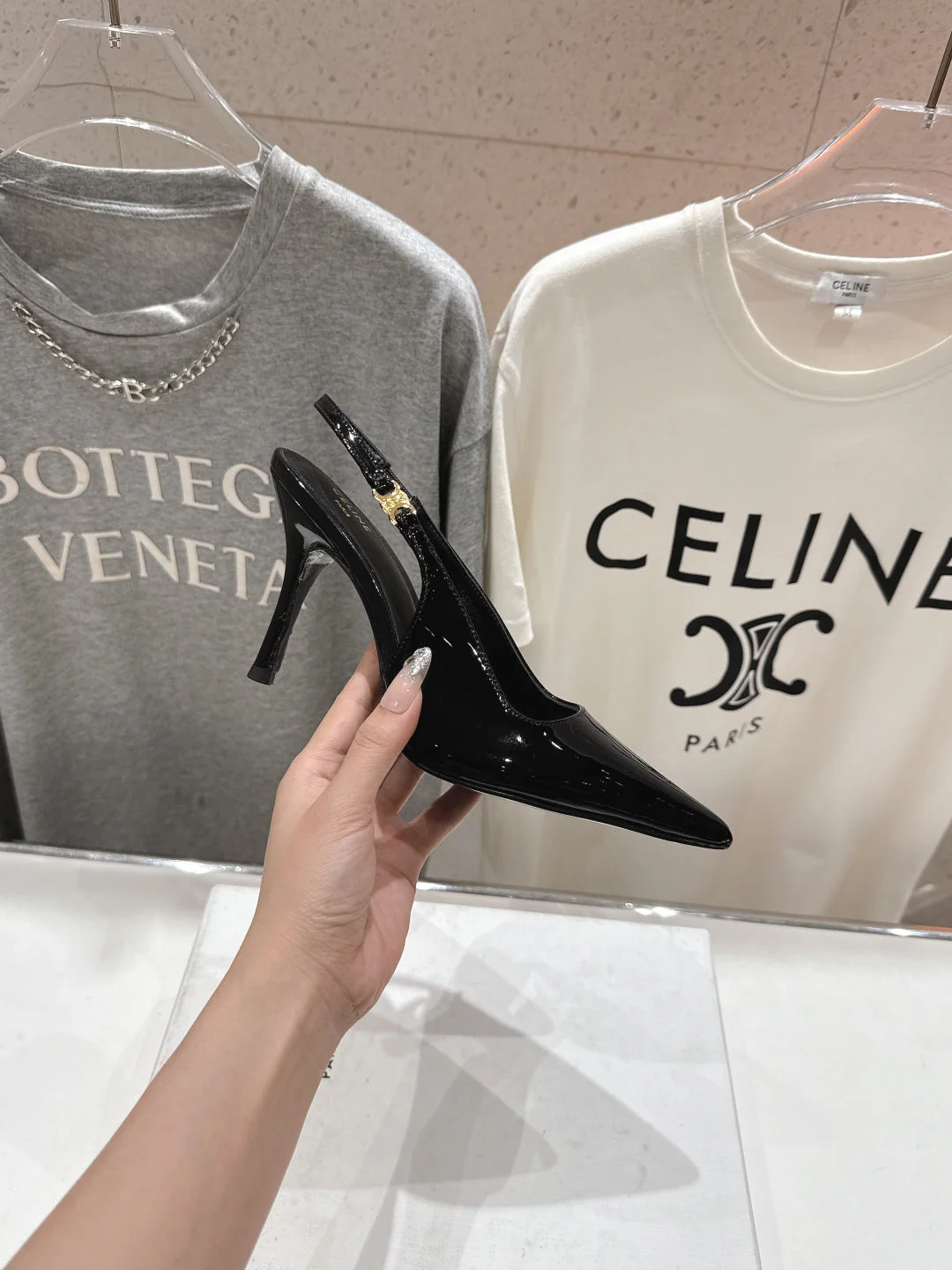 JUDY TRIOMPHE STILETTO SLINGBACK 75MM IN BLACK PATENT CALFSKIN