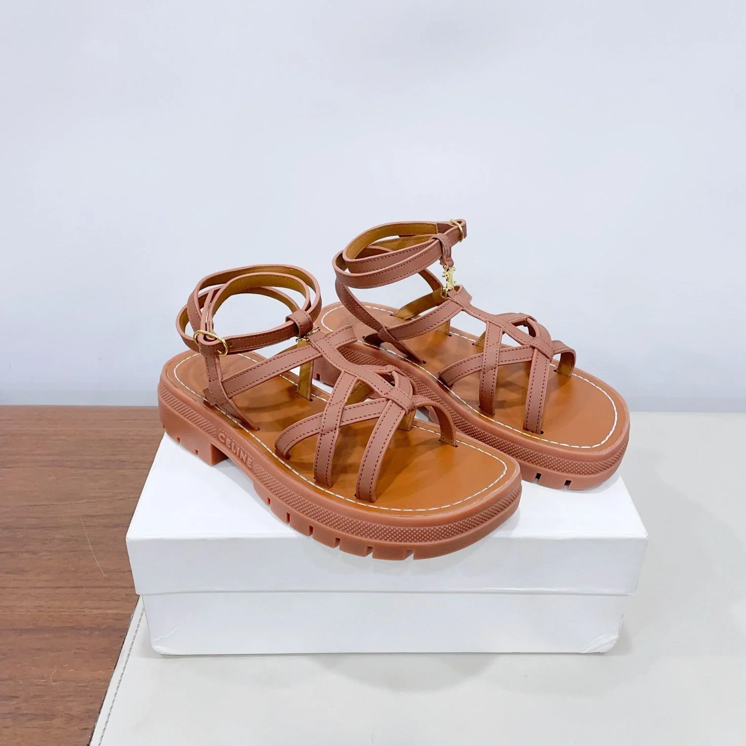 CLEA TRIOMPHE STRAPPY SANDAL IN BRONZE BROWN CALFSKIN