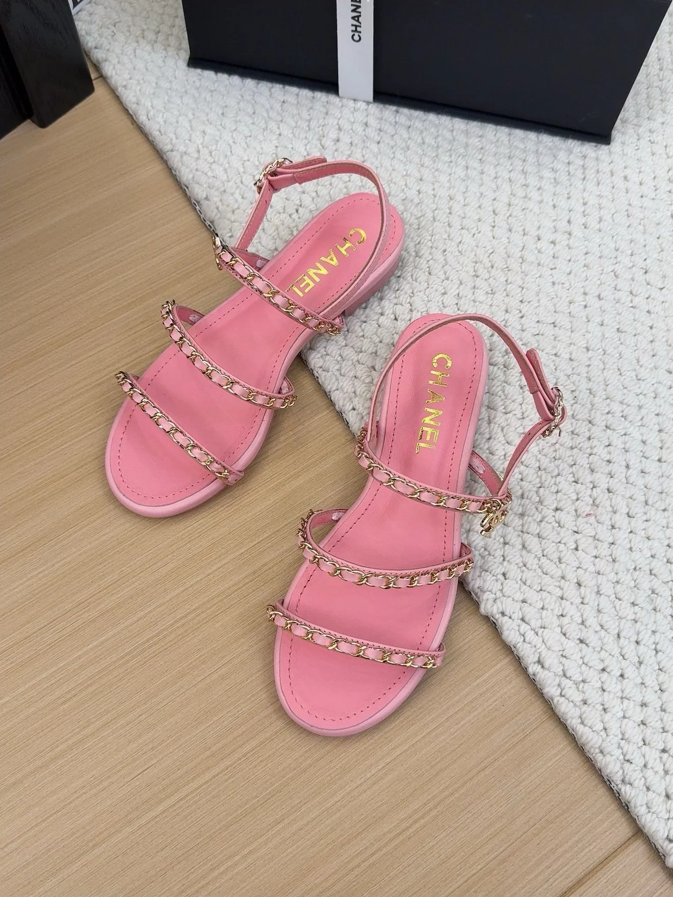 THREE-STRAPS SANDALS IN FLAMINGO PINK CALFSKIN WITH GOLD HARDWARE