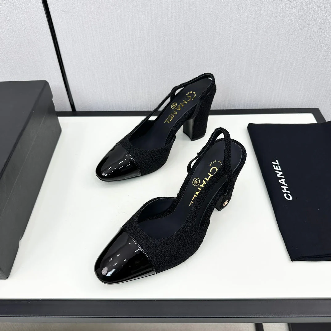 HIGH SLINGBACK BLACK TWEED AND CALFSKIN