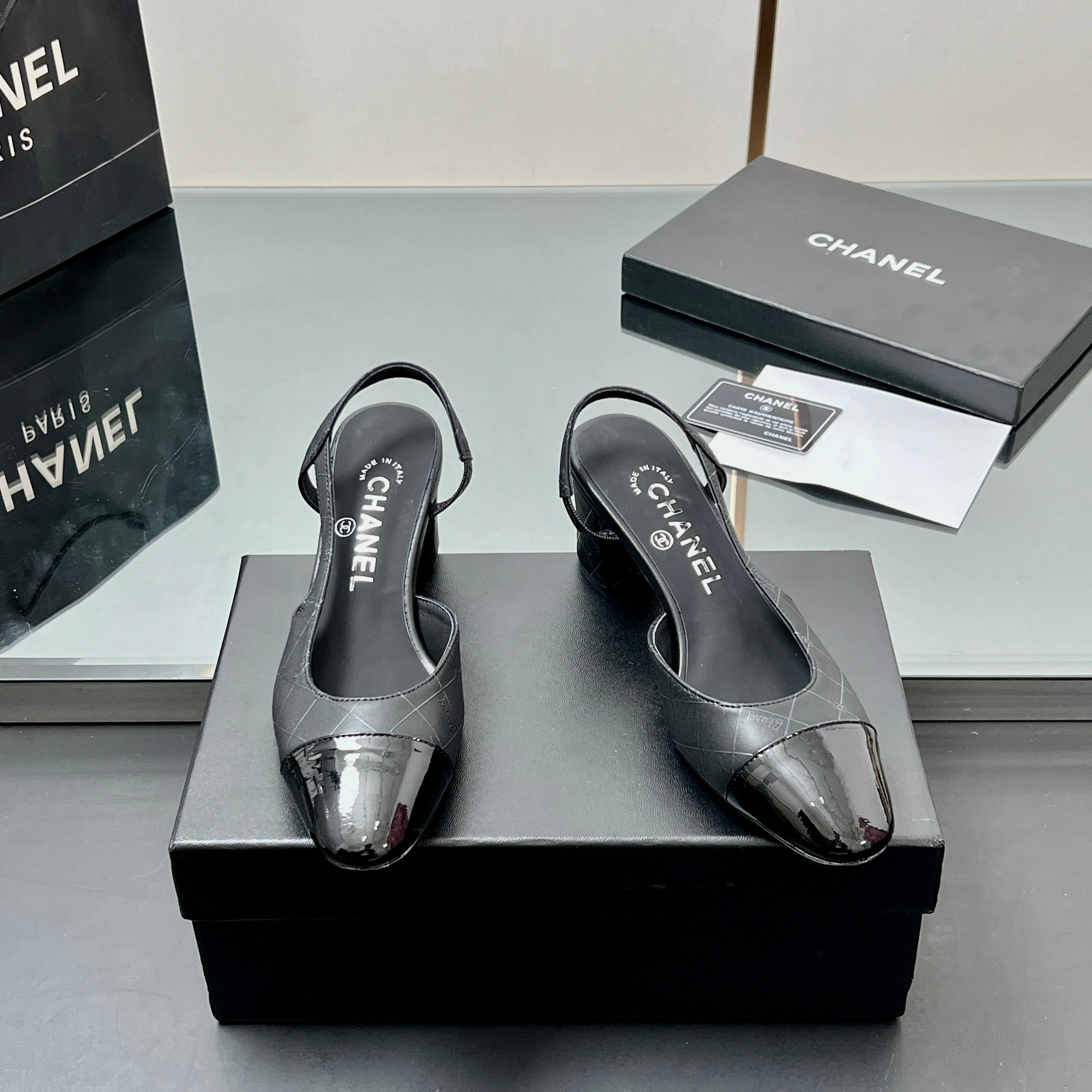 CC SLINGBACK 25S 65 MM IN BLACK LAMBSKIN WITH CHECK PATTERN