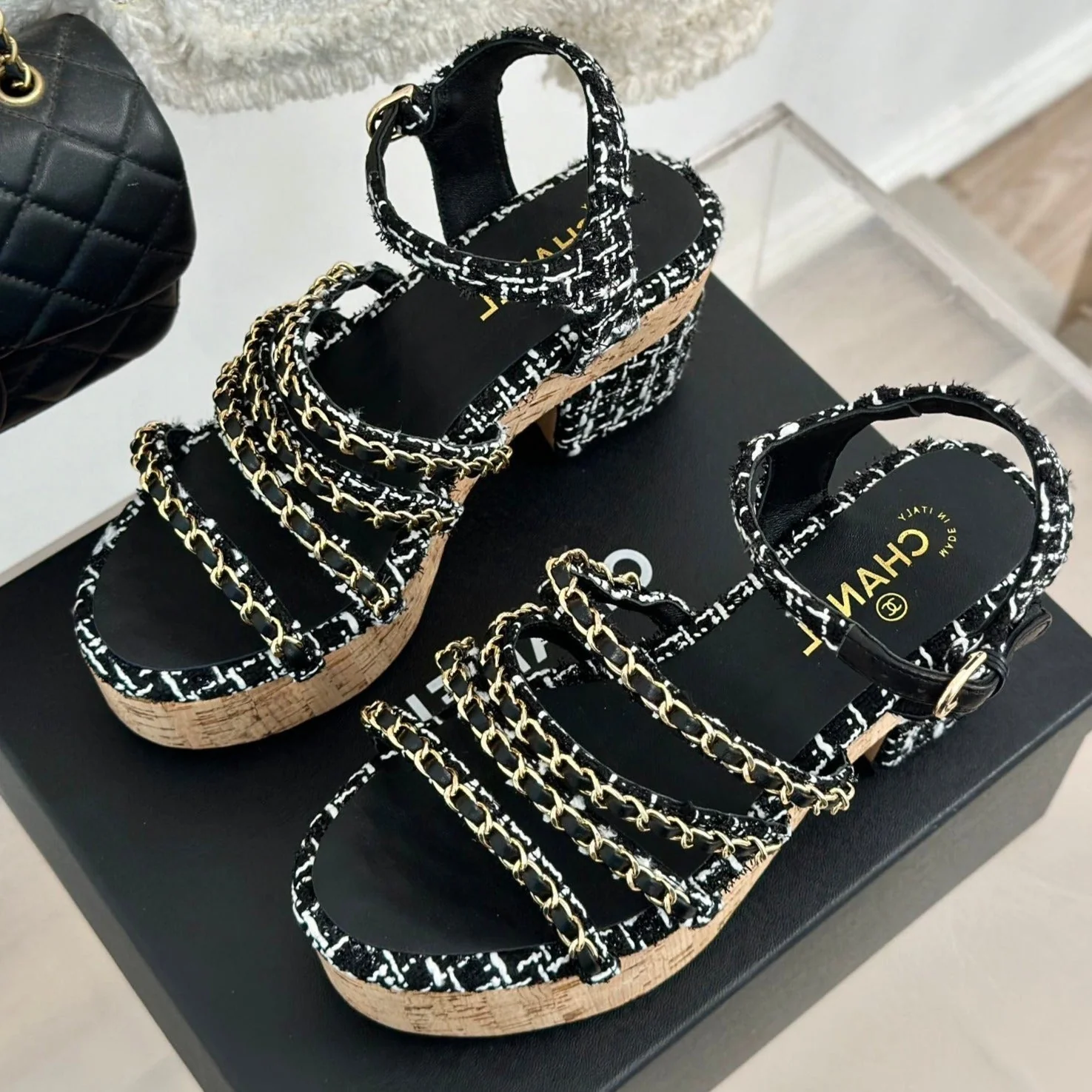 Double C Wooden Chain Platform Block Heel Sandals White Caro/ Black