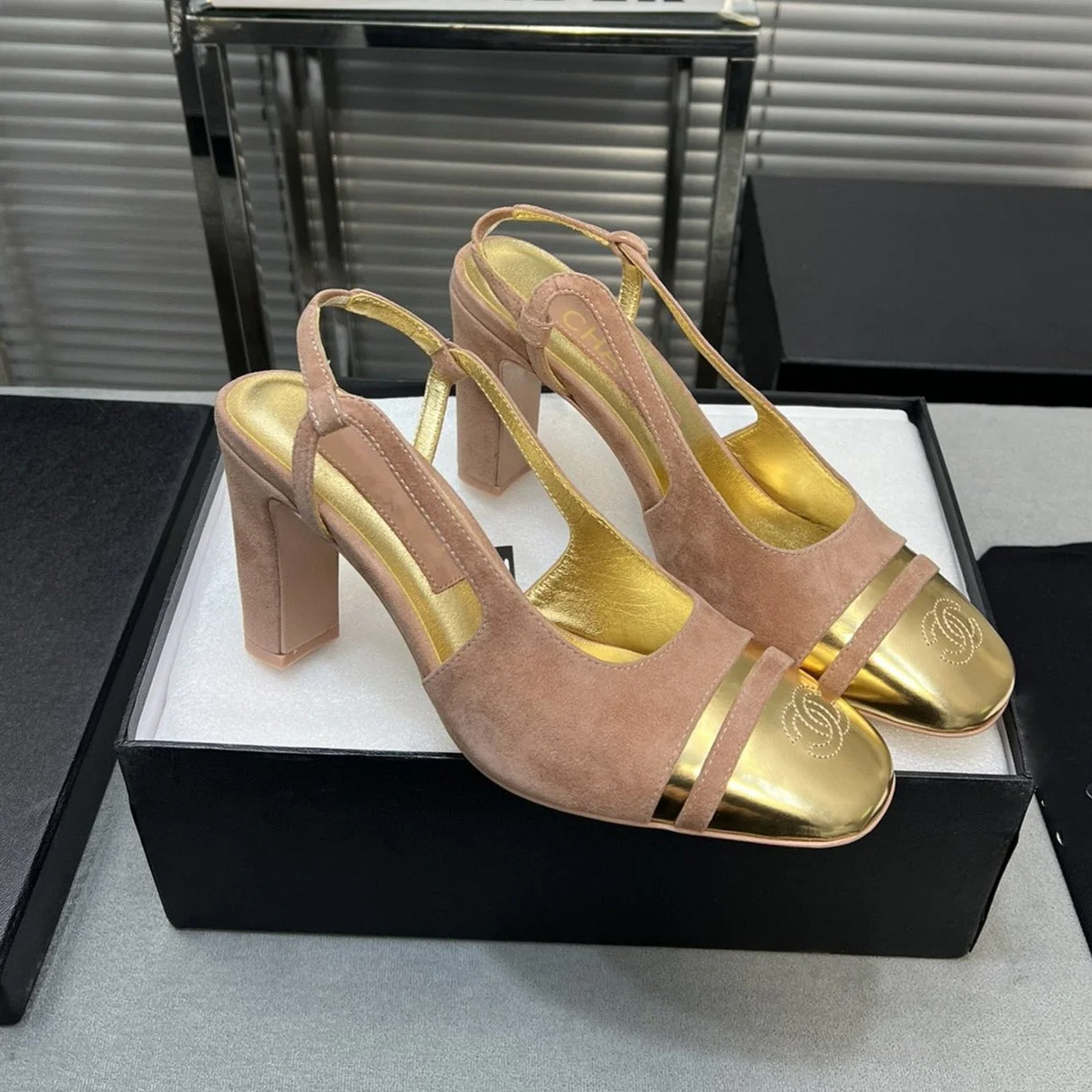 slingback rose suede gold metalic lambskin square toe 9.5