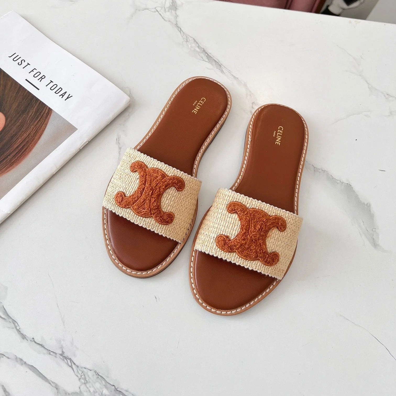 LYMPIA MULE BEIGE RAFFIA AND TAN WOOL