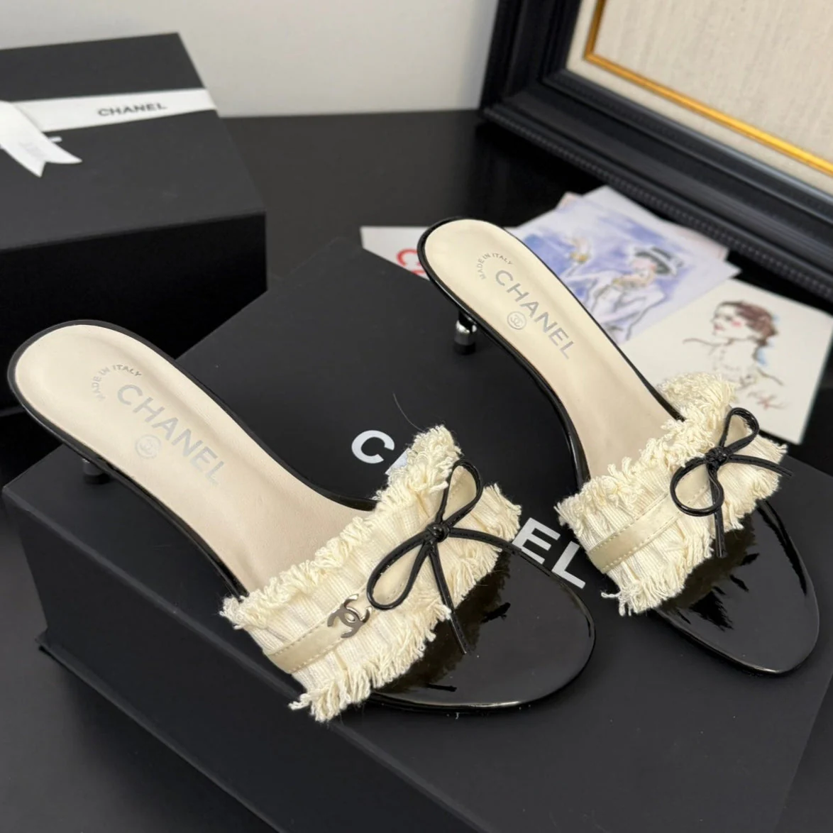 WHITE GROSGRAIN CANVAS BOW MULE SANDALS 65 MM