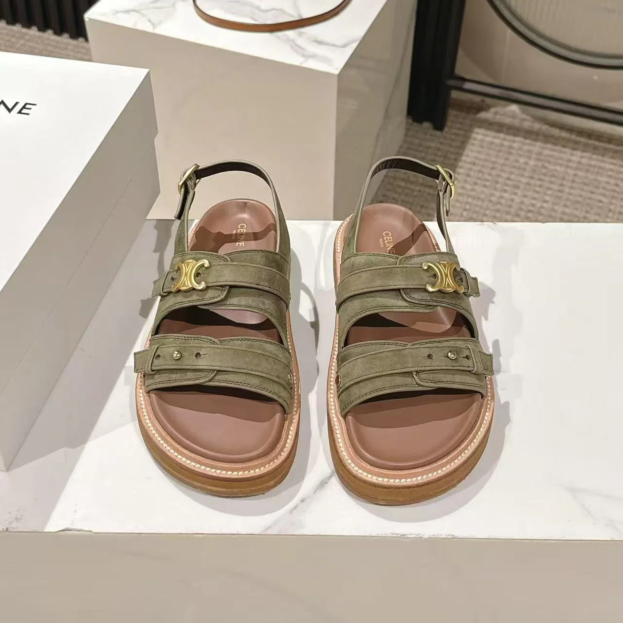 CELINE 25S TIPPI TRIOMPHE SANDAL IN DARK OLIVE CALFSKIN SUEDE