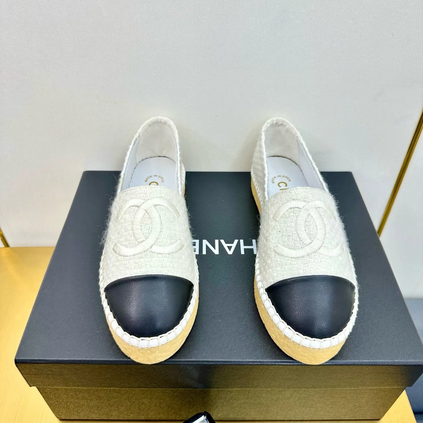 CC ESPADRILLES PLATFORM 25S IN WHITE TWEED MIX BLACK CALFSKIN
