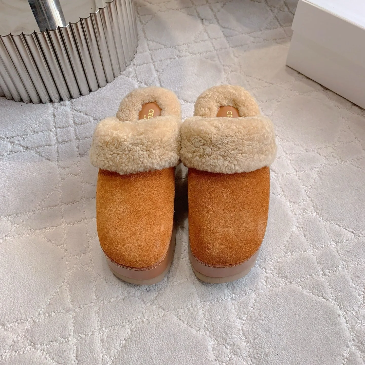 CELINE 25S DANA WEDGE MULE 70MM IN BURNT ORANGE SUEDE CALFSKIN AND SHEARLING