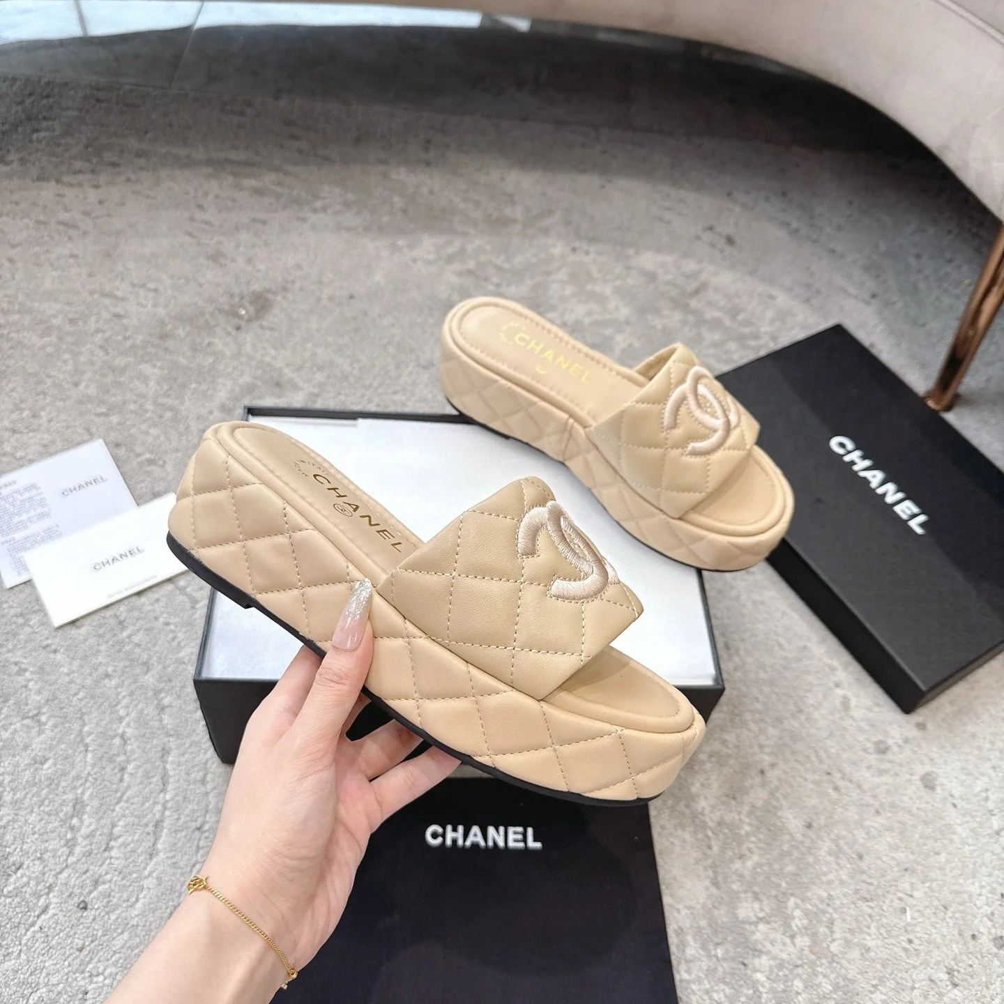 WEDGE HEELS IN BEIGE CALFSKIN QUILTED