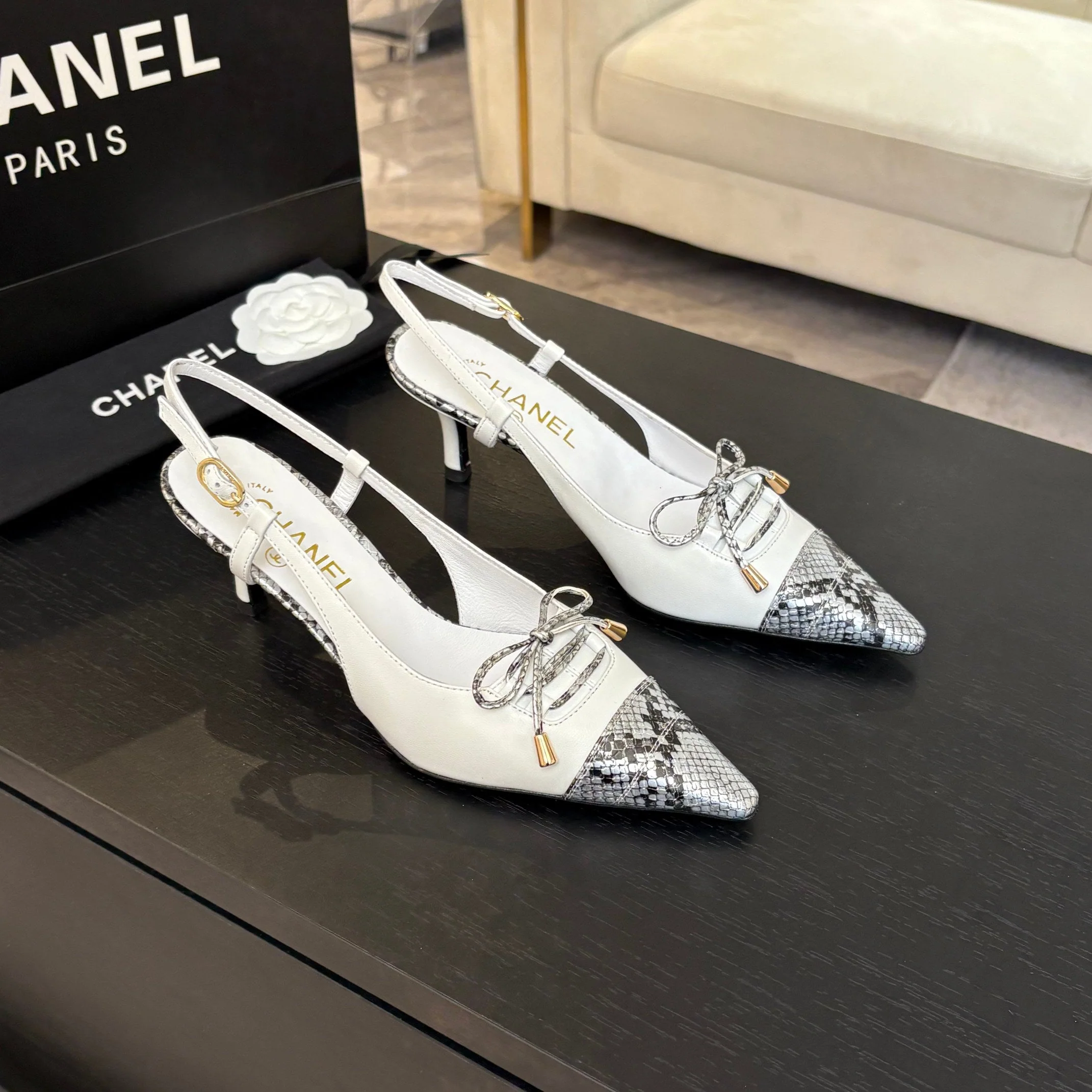 HIGH HEEL SLINGBACKS 65 MM IN WHITE WITH SNAKESKIN PATTERN LAMBSKIN