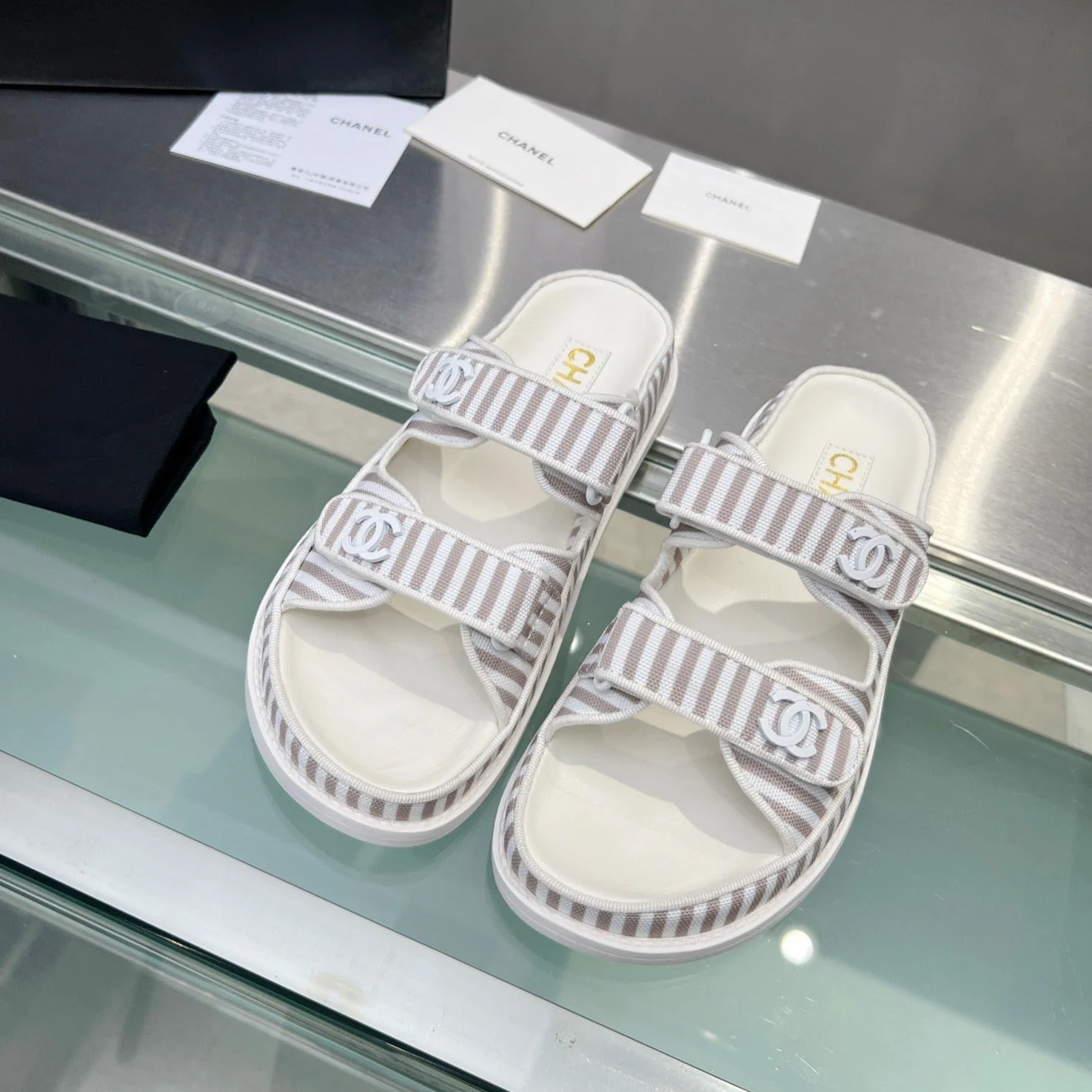 Stripes Casual  Flat Sandals Gray White