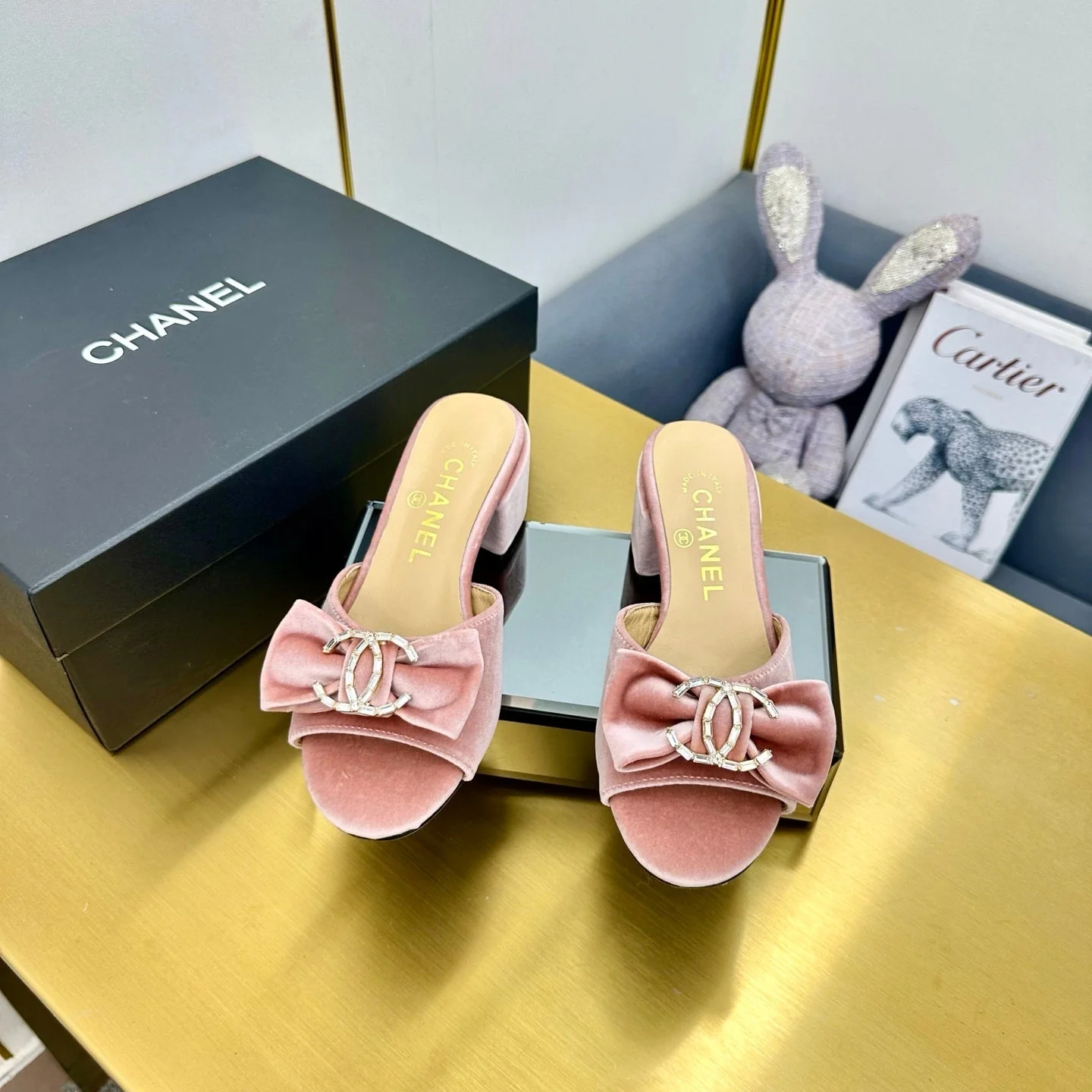 BOWKNOT RHINESTONES MID HEEL MULE IN LIGHT PINK VELVET