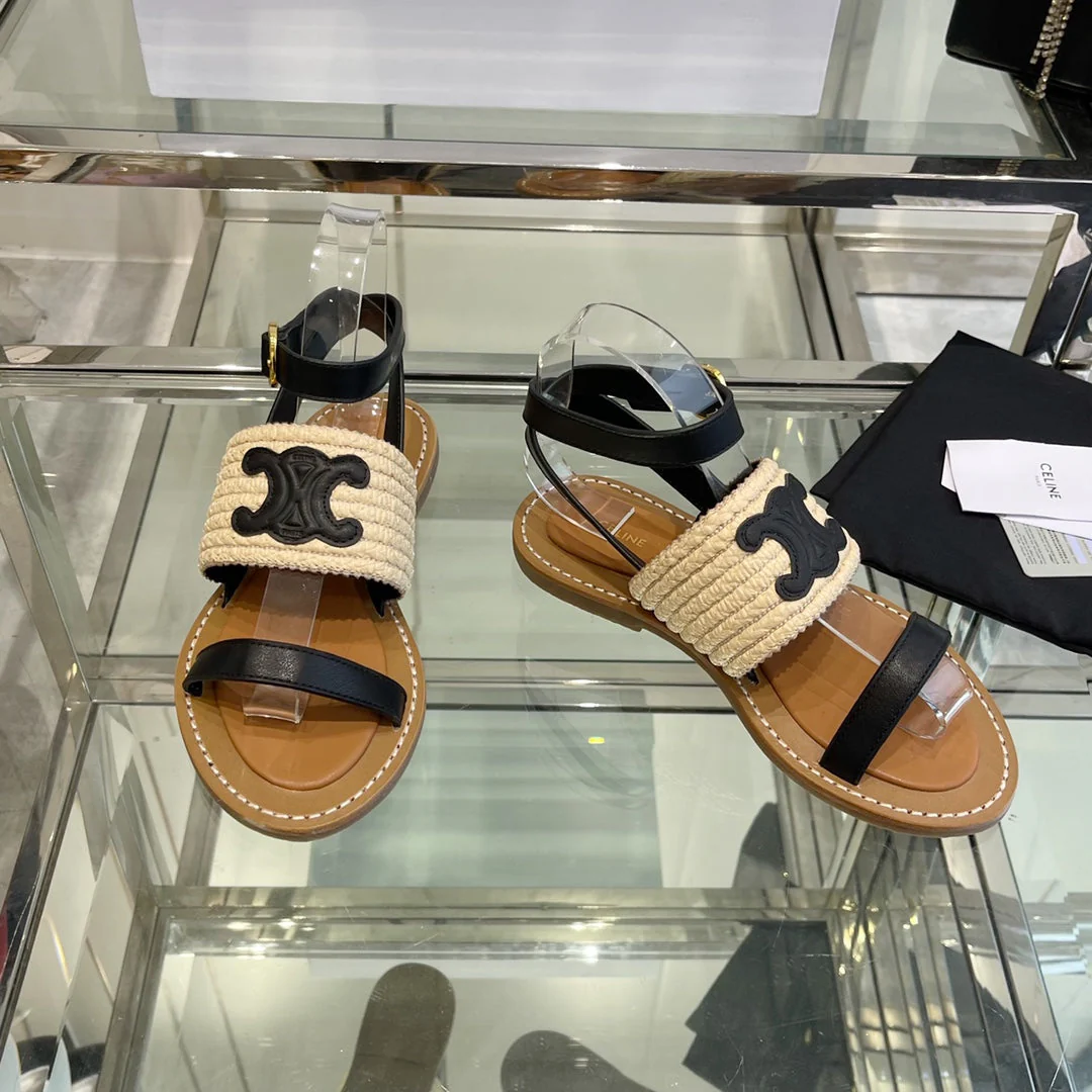 LYMPIAR FLAT STRAP SANDAL IN RAFFIA CALFSKIN BLACK BEIGE