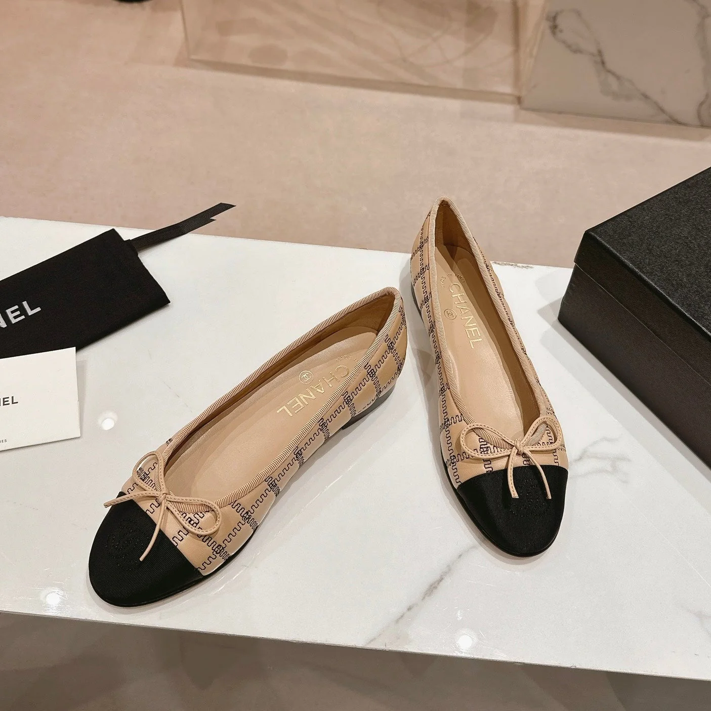 Double C New Ballet Flats Dark Cream Black Lambskin
