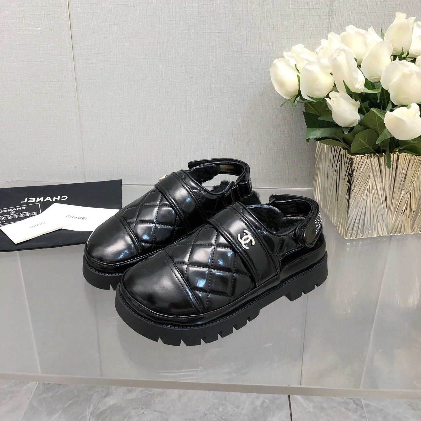 CHUNKY PLATFORM SHEARLING SLIPPER BLACK LAMBSKIN