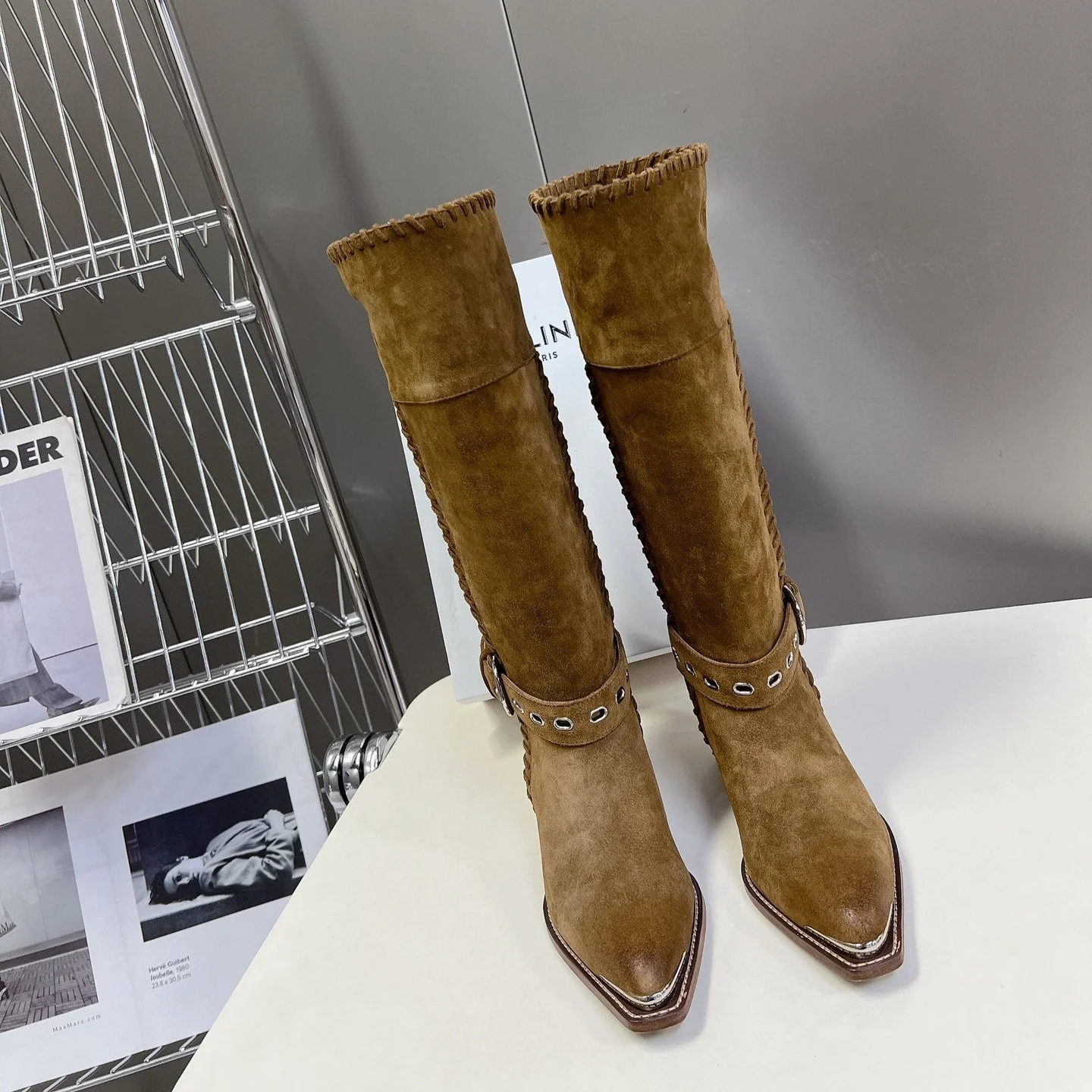 CELINE 25S BULKY LACED UP BOOTS 45MM IN BROWN SUEDE