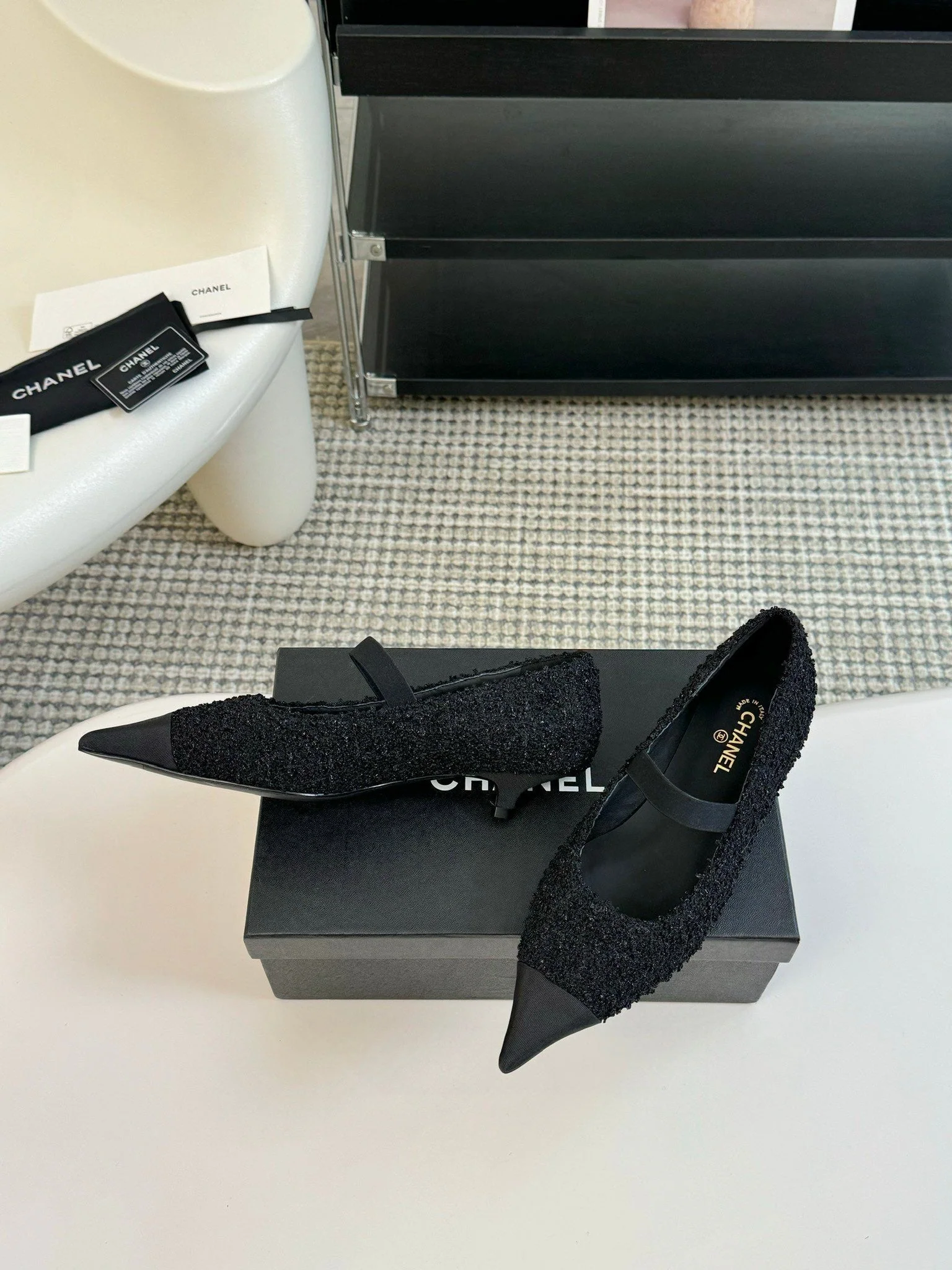 CC MARY JANE IN BLACK WOOL TWEED AND SATIN